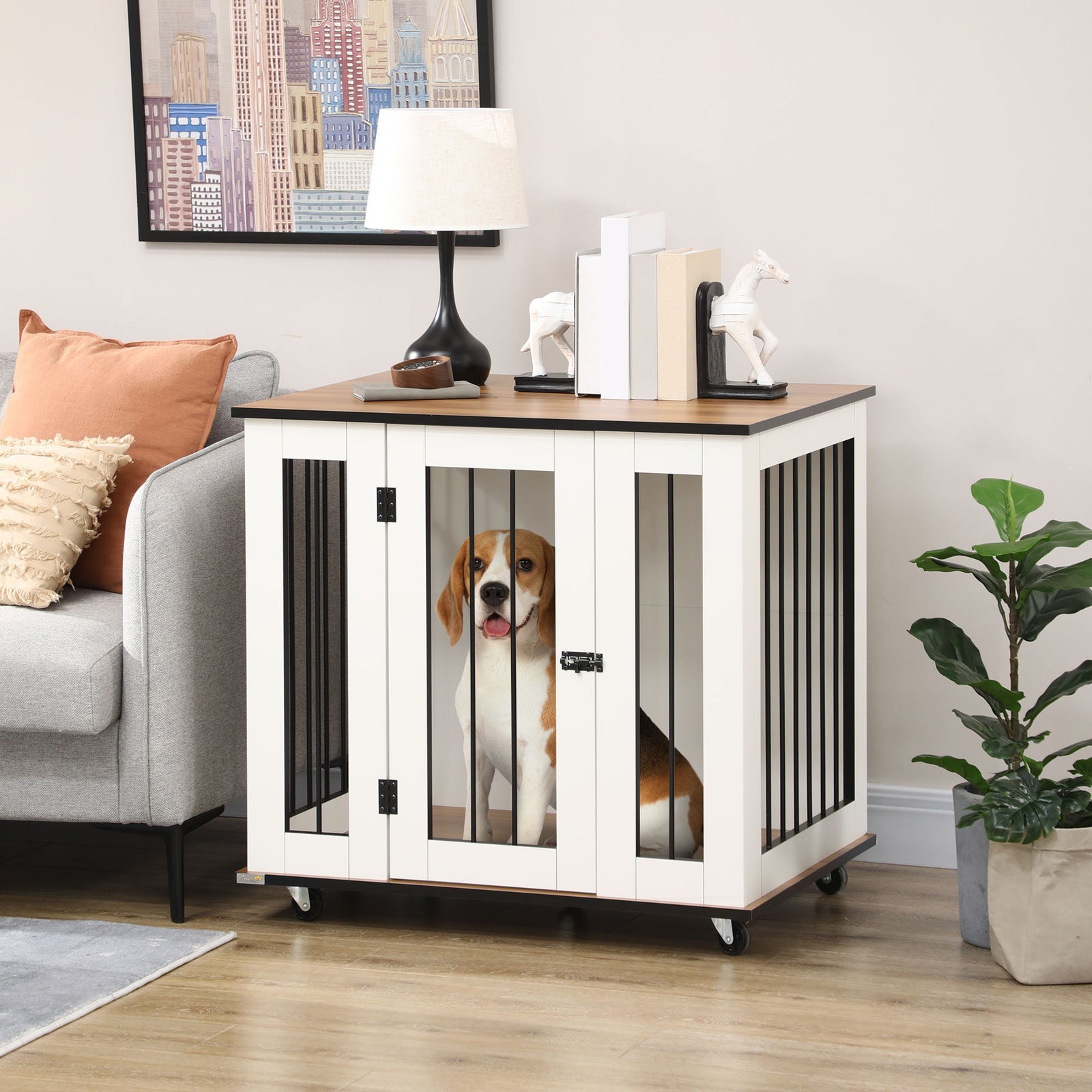 Dog Crate Table W/ Wheels, For Medium Dogs - White