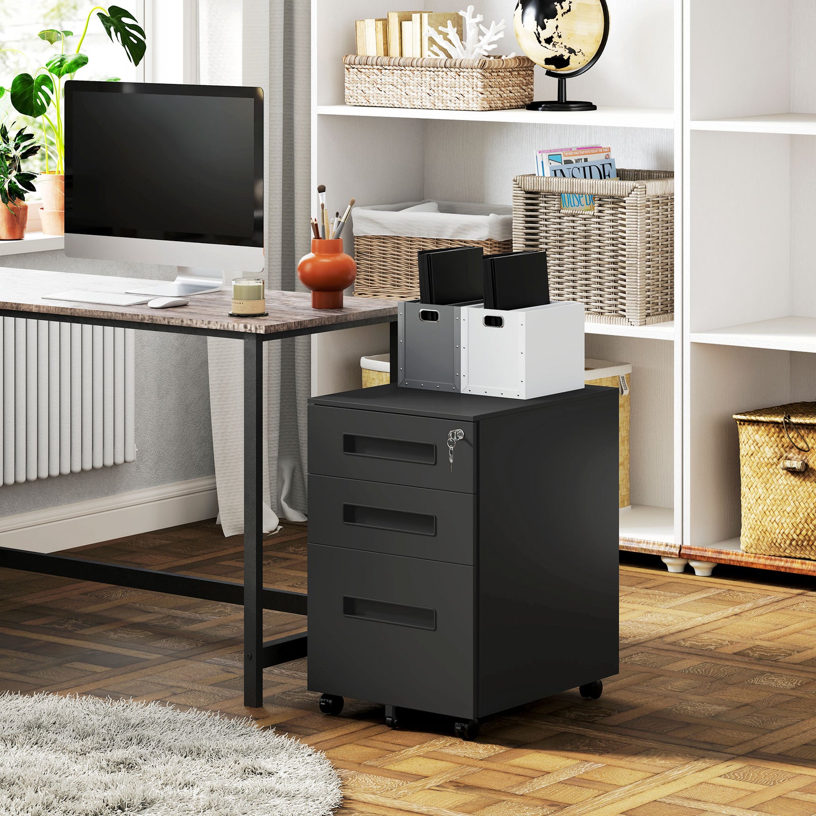 Lockable Mobile Filing Cabinet W/ 3 Drawers | Large | Black
