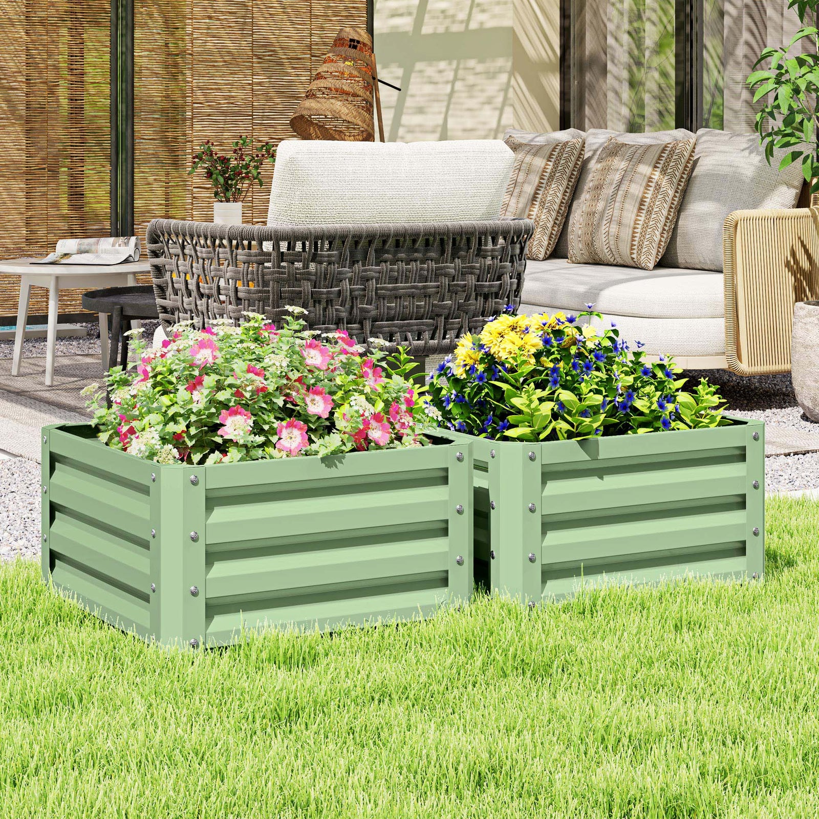 Set Of 2 Raised Garden Bed Galvanised Planter Box | Green
