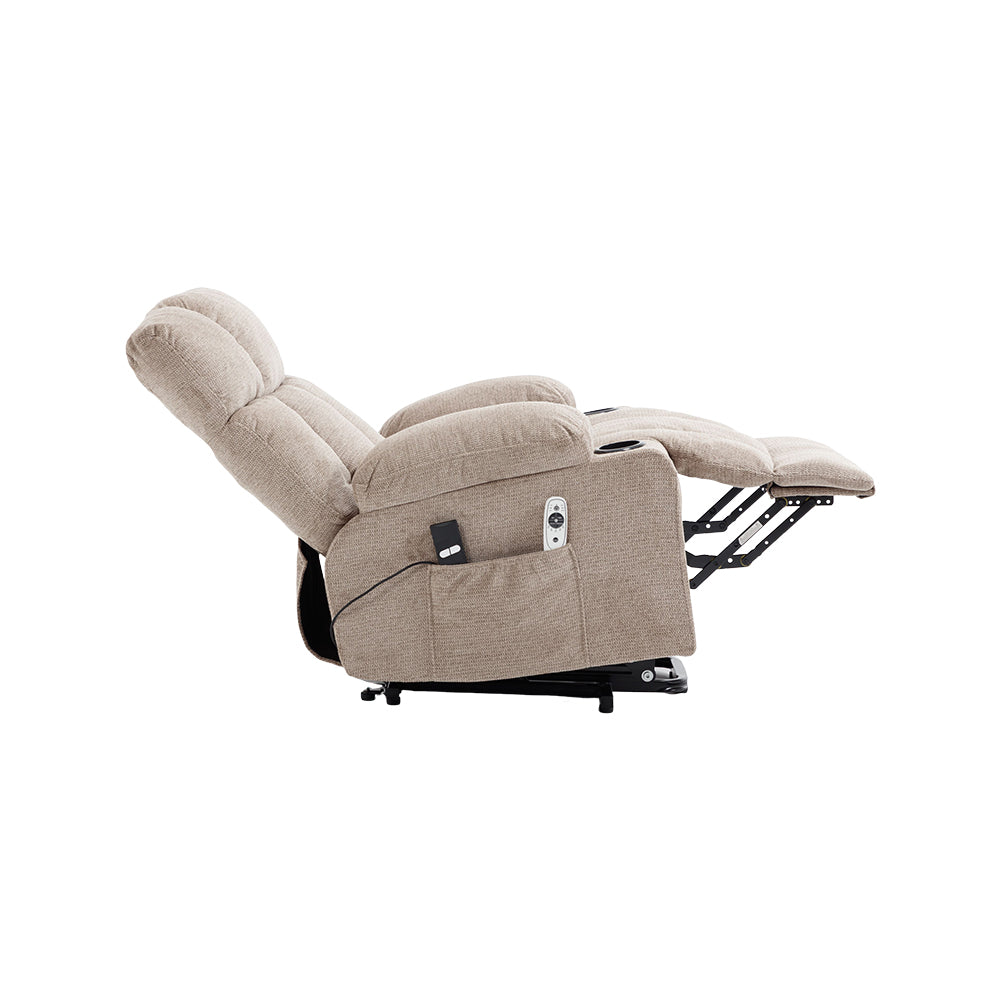 Oatmeal Electric Recliner Chair, Chenille Fabric, Heat & Massage, Cup Holders & Side Pockets
