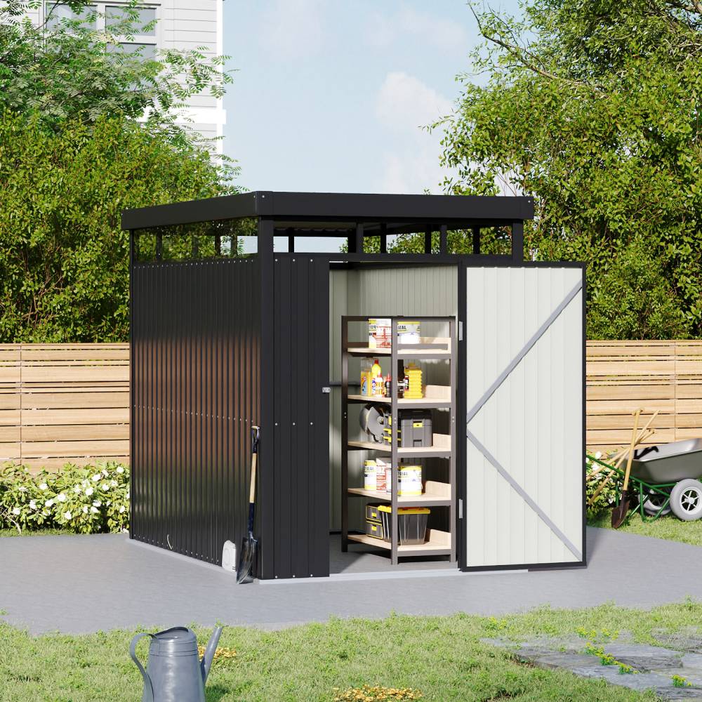 5.31ftx 8.46ft Metal Garden Storage Shed Skylight Roof Shed, Flat Roof Storage