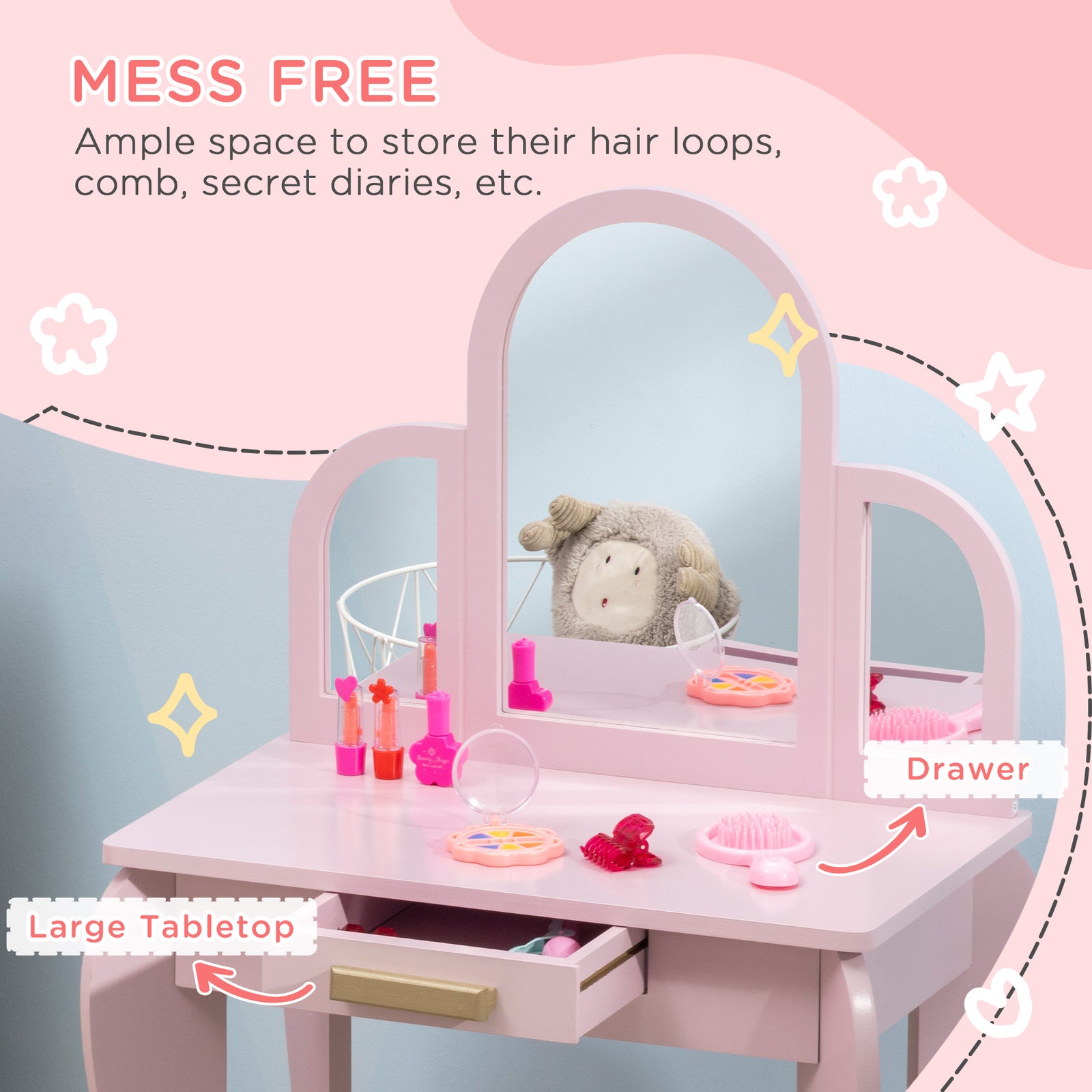 Kids Dressing Table Set Kids Vanity Set W/ Drawer, Mirror | Pink