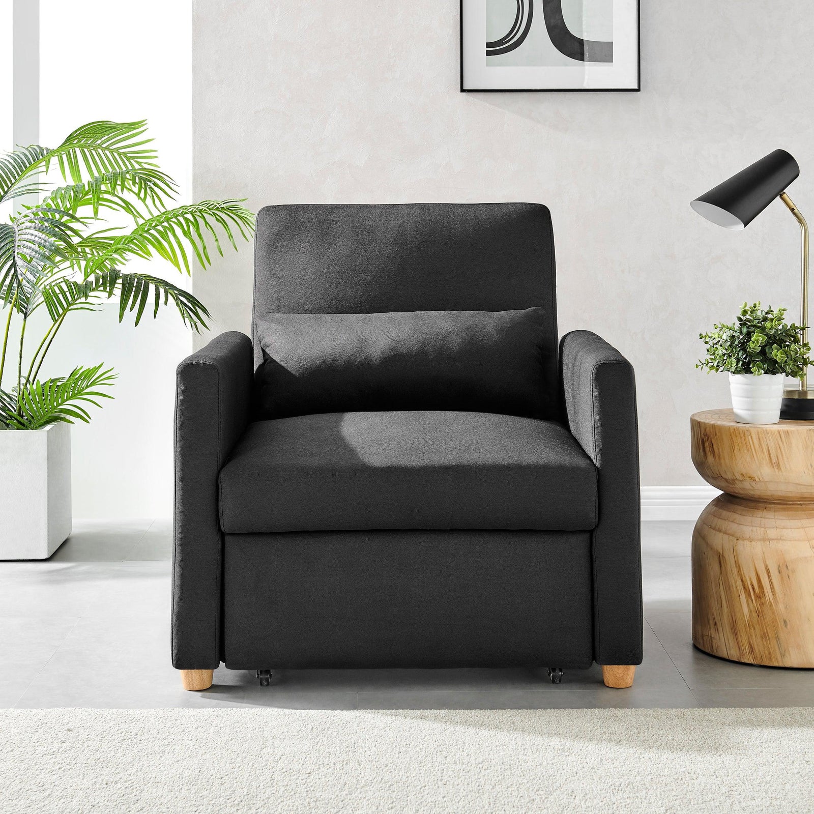 Pull Out Single Linen Armchair Bed - 1 Seater | Black