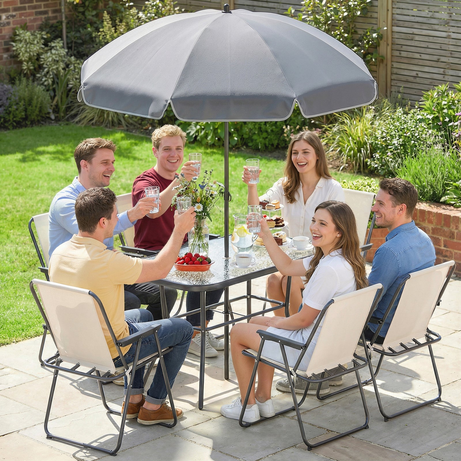 8 Piece Garden Dining Set With 6 Folding Chairs And Umbrella | Cream