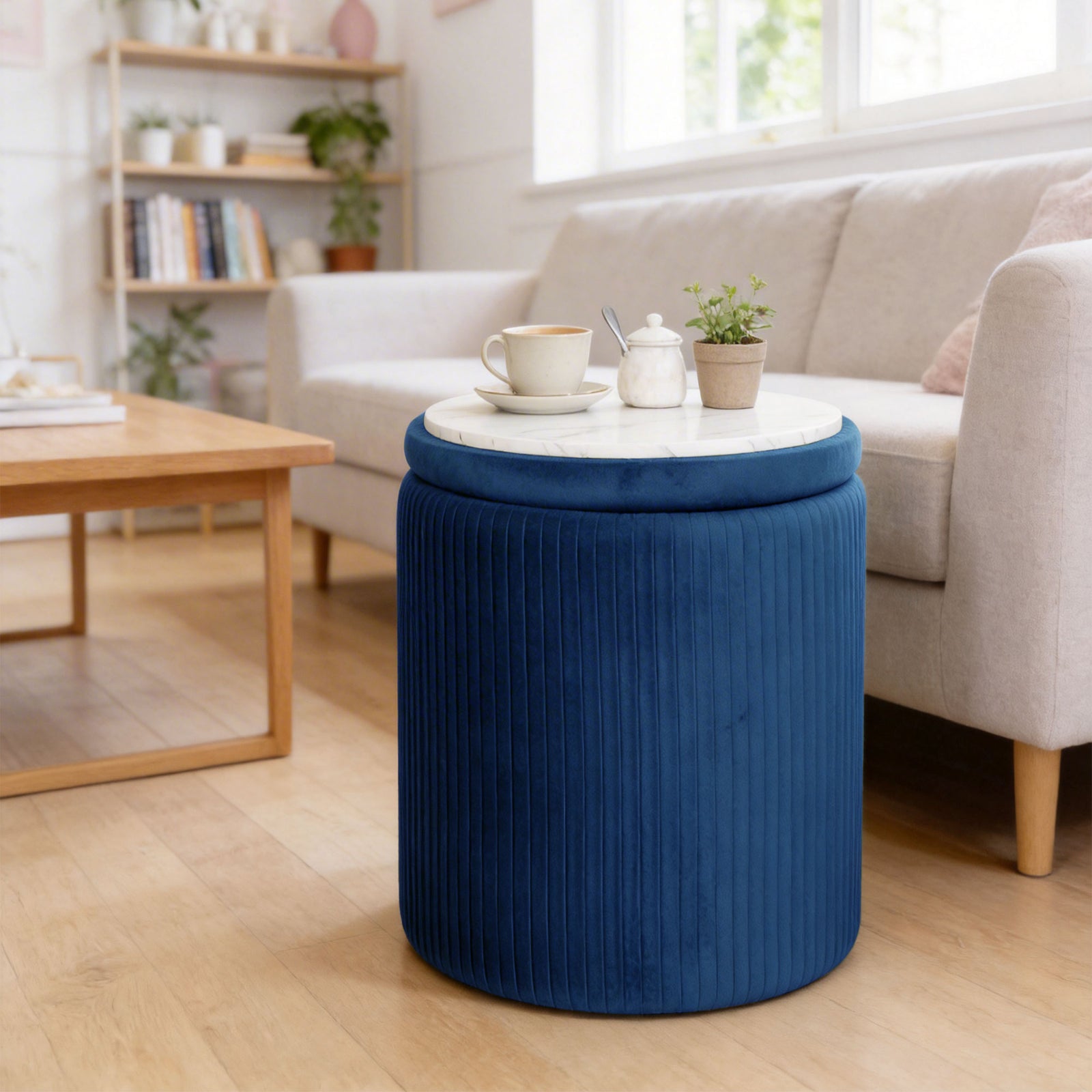 Round Storage Ottoman With Removable Top | Blue