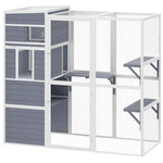 PawHut Wooden Catio With Spacious Resting Rooms, 3 Platforms, Window, Grey