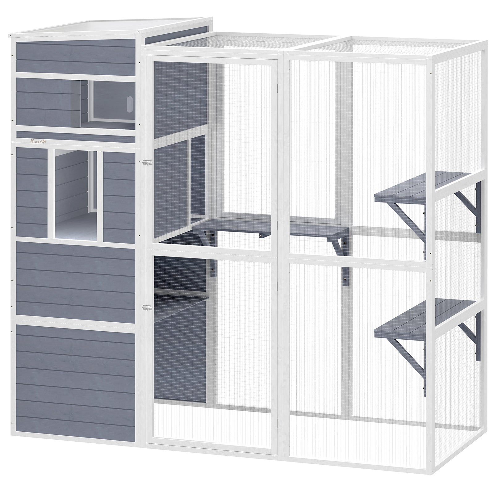 PawHut Wooden Catio With Spacious Resting Rooms, 3 Platforms, Window, Grey