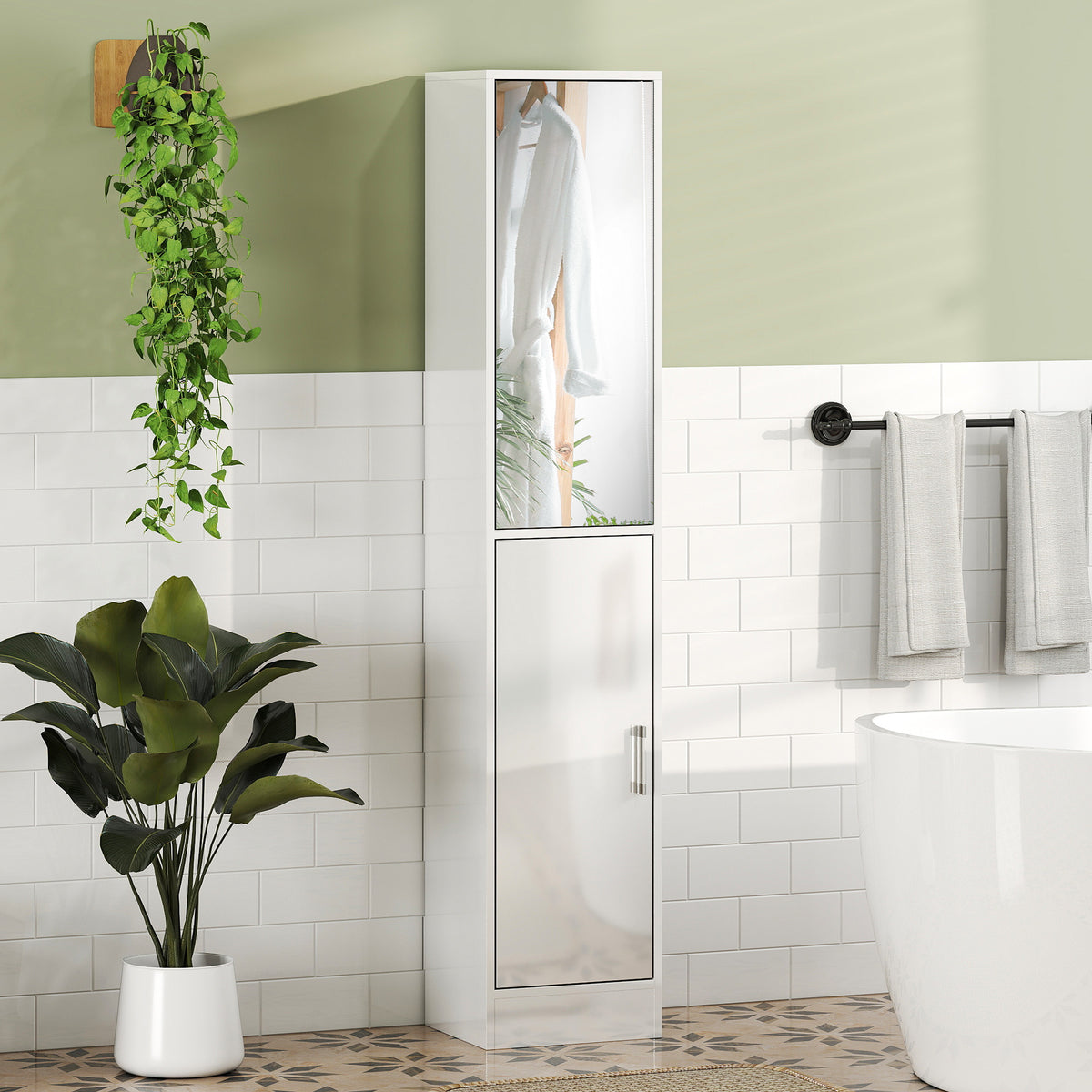 kleankin Tall Bathroom Cabinet With Mirror, High Gloss White