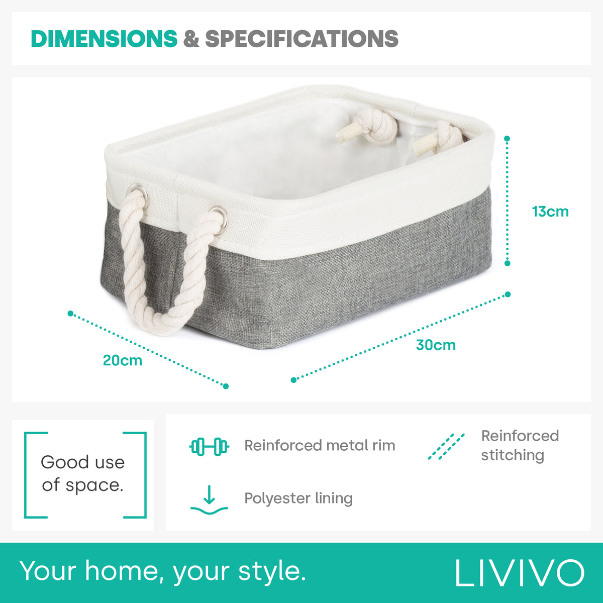 Livivo Set Of 3 Medium Fabric Storage Baskets With Rope Handles