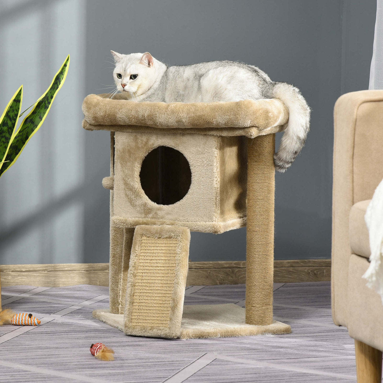 Cat Tree Activity Centre W/ Scratching Pad, Toy Ball, Cat House | Brown