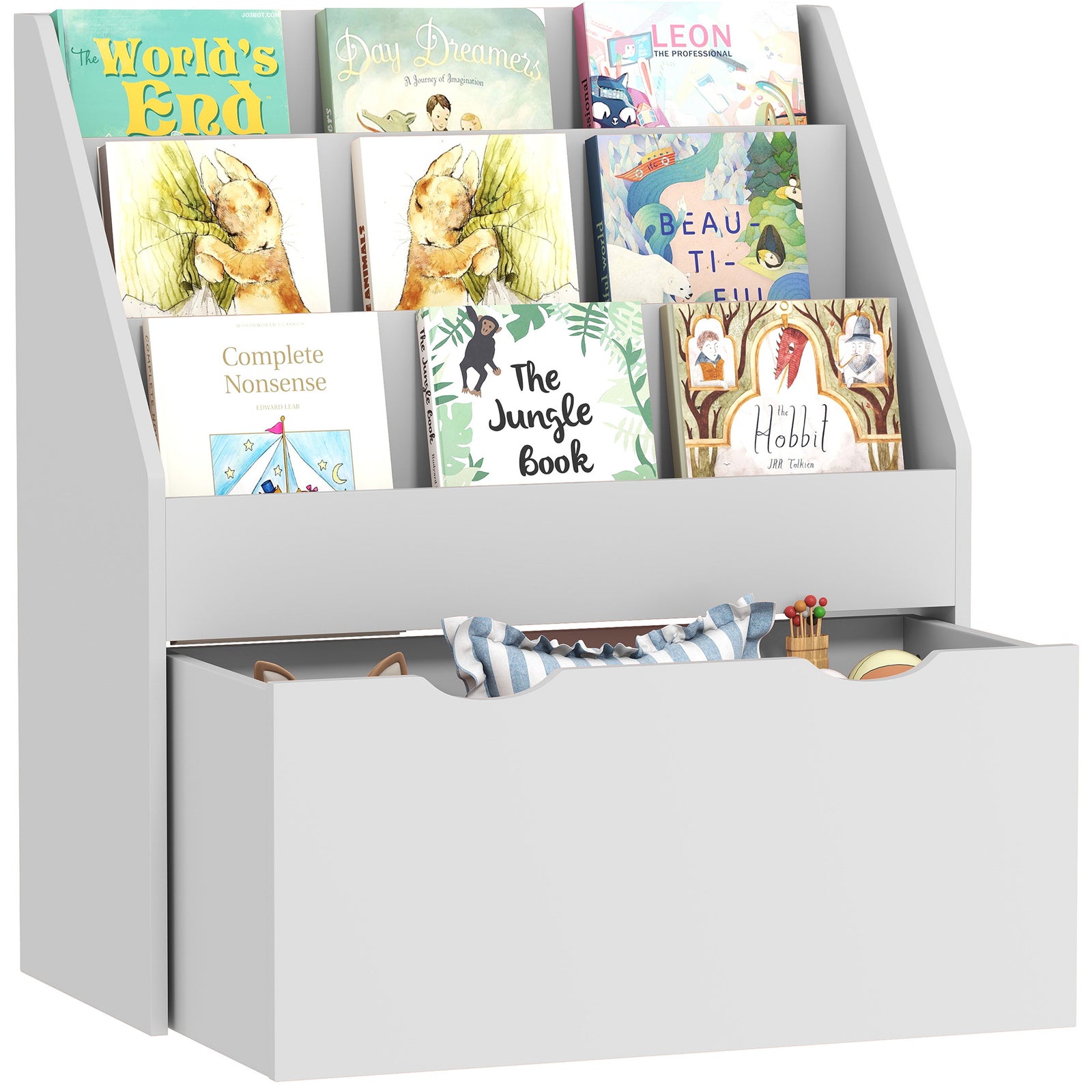 Kids Bookcase W/ 3 Tier Shelves, Drawer, For Bedroom, Nursery | Grey