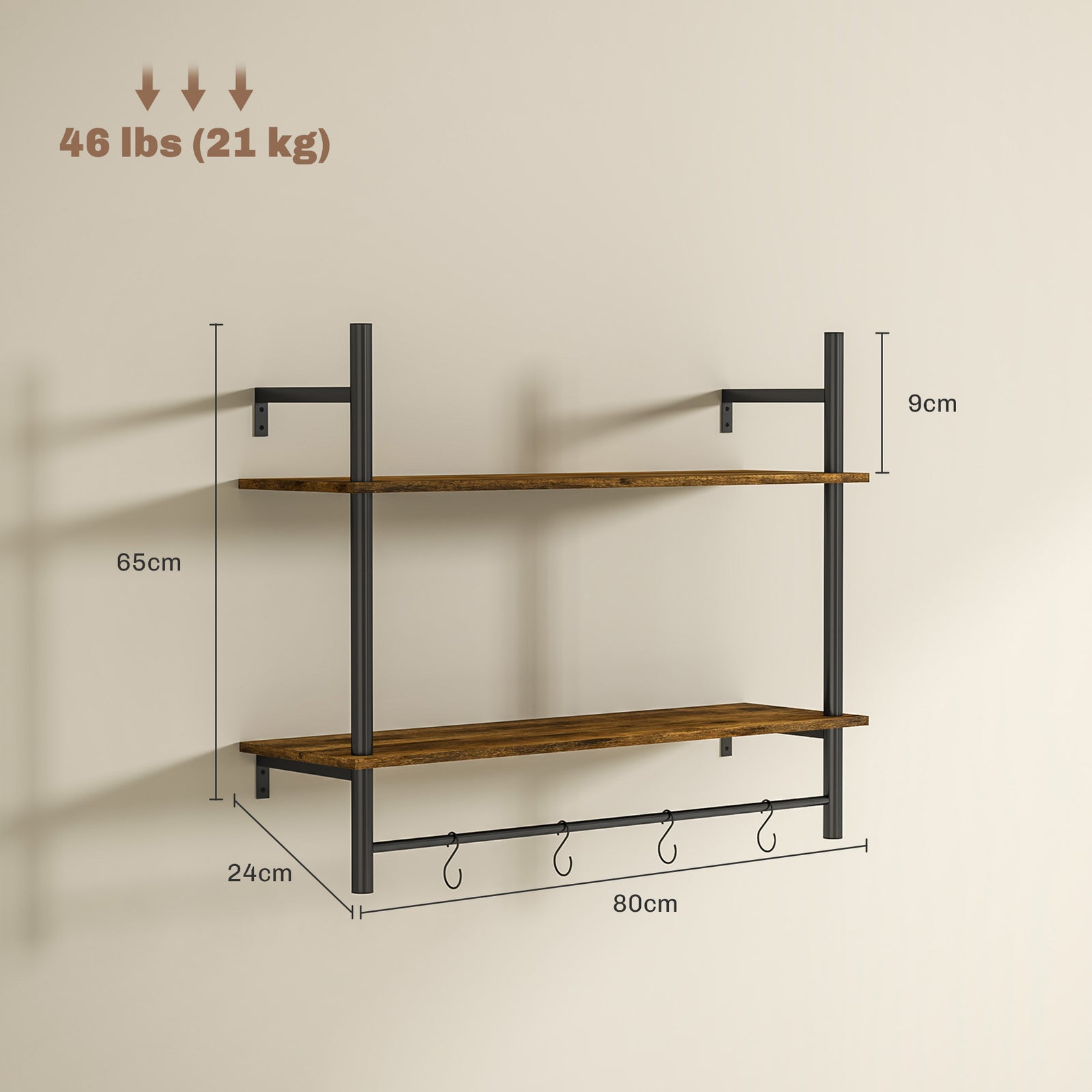 Wall Shelf Unit With 4 Hooks For Living Room, Entryway | One Size | Brown