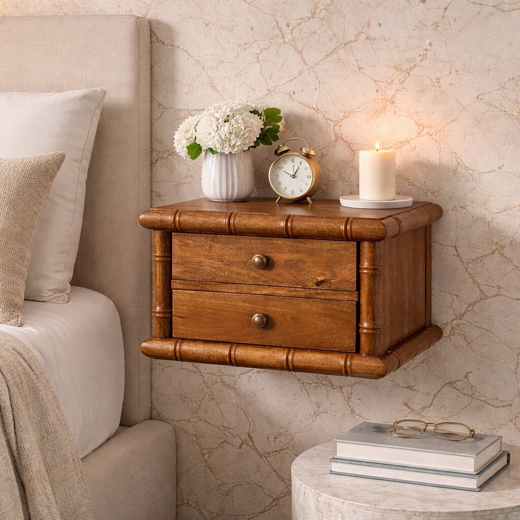 Bamboo Bedside In Amber Oak Finish, 2 Drawers, Brown
