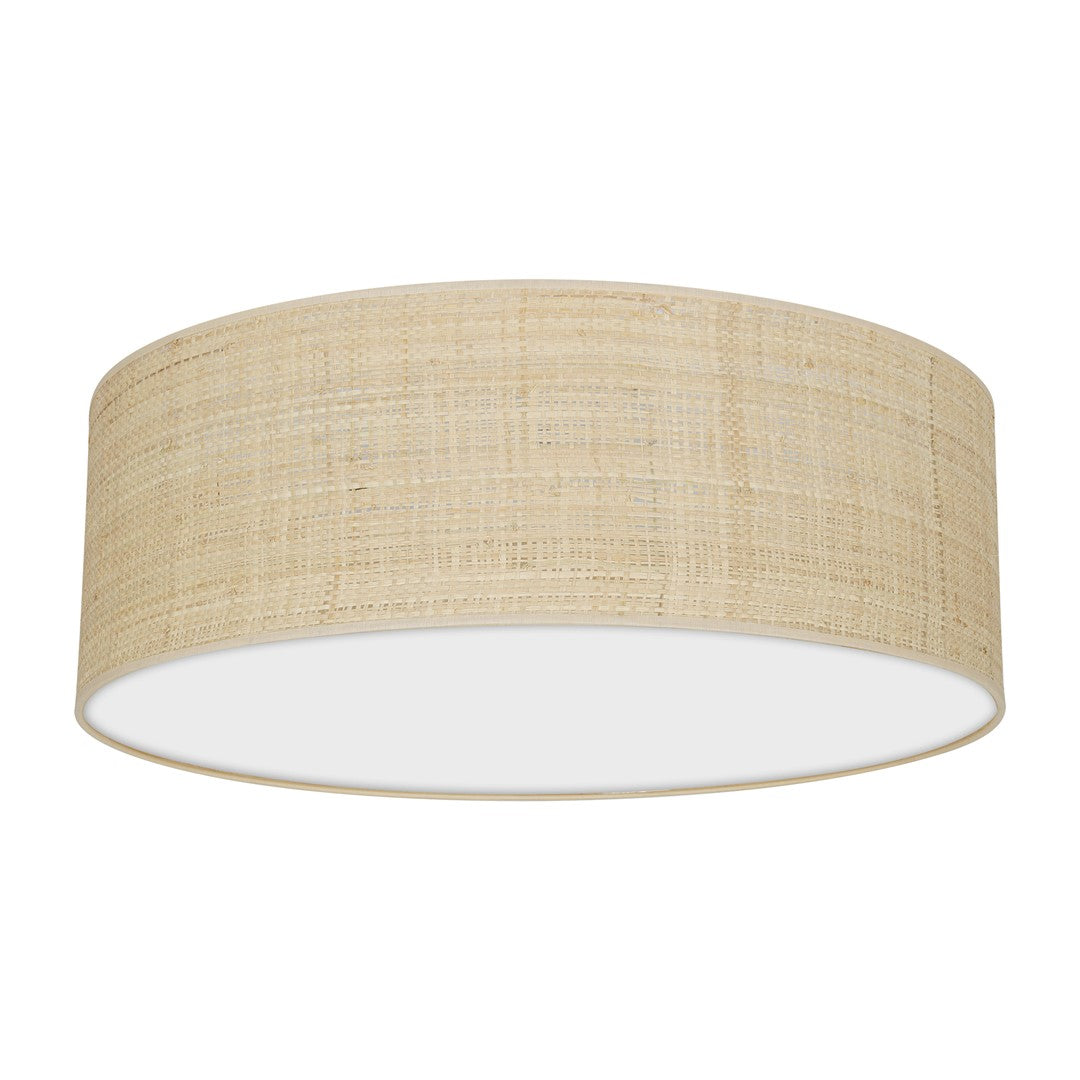 Marshall Hand Made Designer Ceiling Lamp In Matt White Metal And Natural Rattan Coloured Fabric