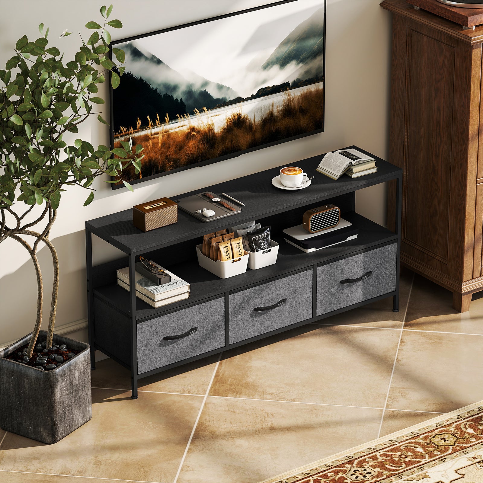 Tv Cabinet, Tv Console Unit With 3 Foldable Linen Drawers | Black