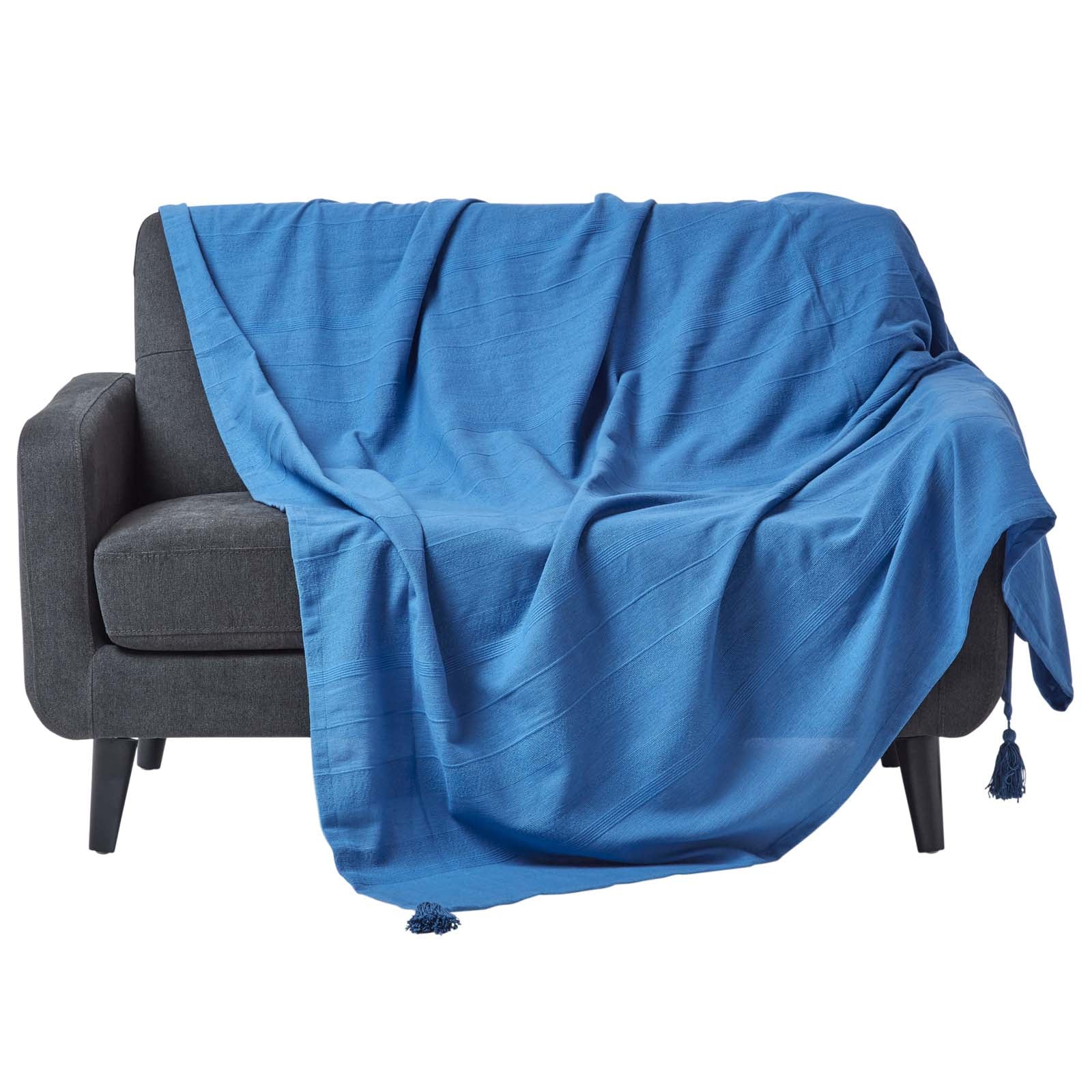 Cotton Rajput Ribbed Throw | 225cm x 255cm | Blue