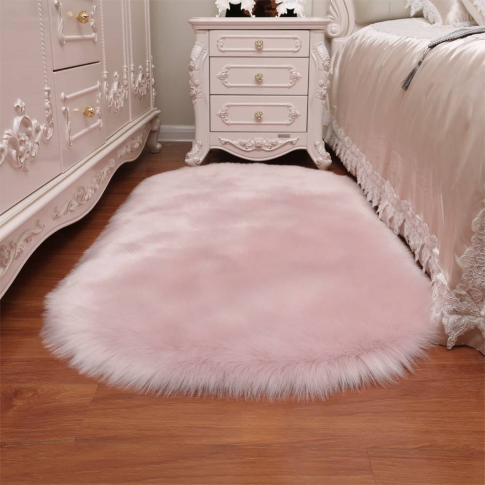 Oval Fluffy Shaggy Area Rug Super Soft Plush Carpet For Bedroom | Large | Pink