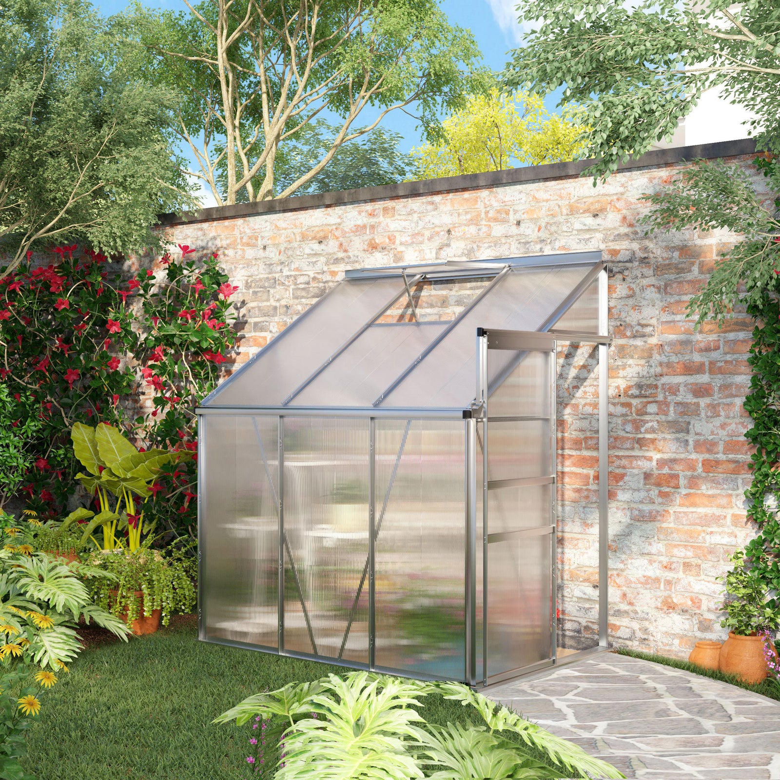 6x4ft Lean-to Polycarbonate Greenhouse W/ Roof Vent