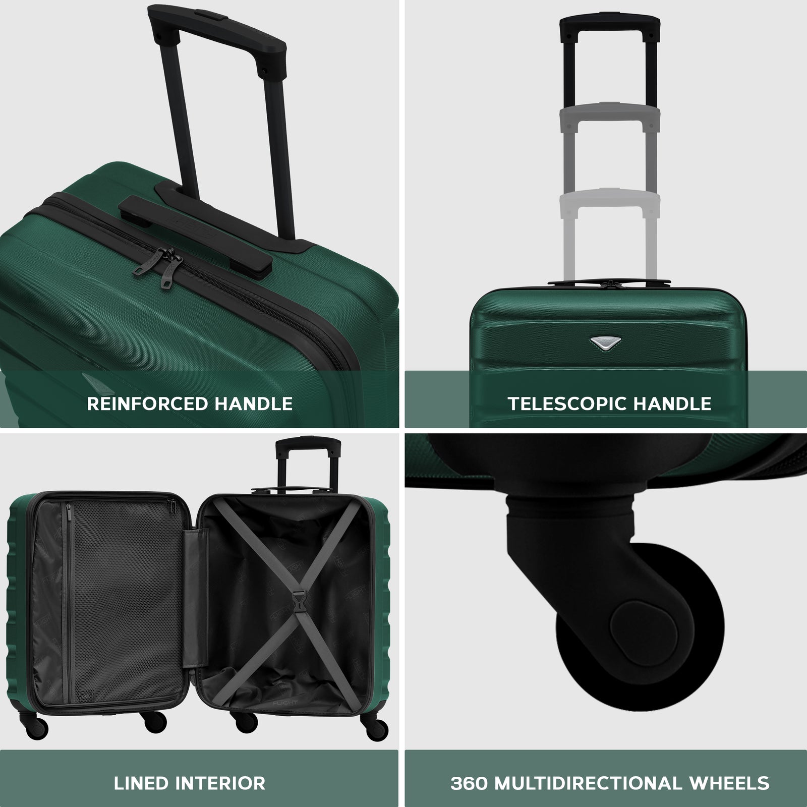 56x45x25cm Large Cabin Carry On Case - Overhead Luggage Suitcase - 4 Spinner Wheels - Abs Shell | 56 x 45 x 25cm | Forest Green