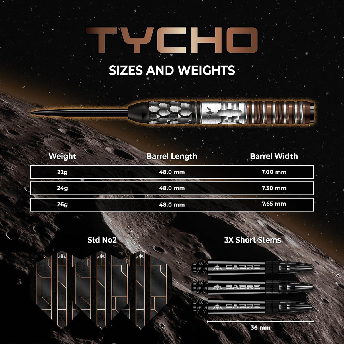 Tycho Darts - Steel Tip - 90% Tungsten | 22g | Black