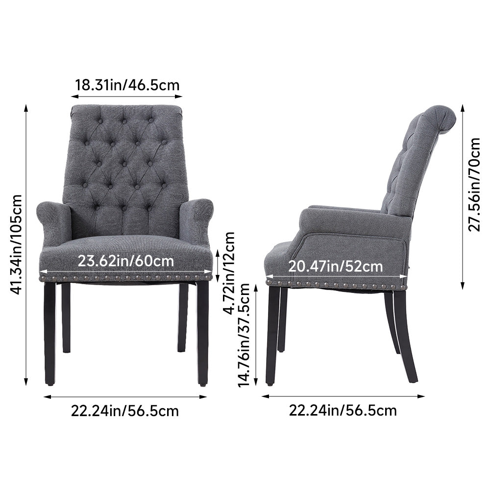 Classic Upholstered Armchair Tufted Back Fabric Dining Chair With Nailhead Detailing | Grey