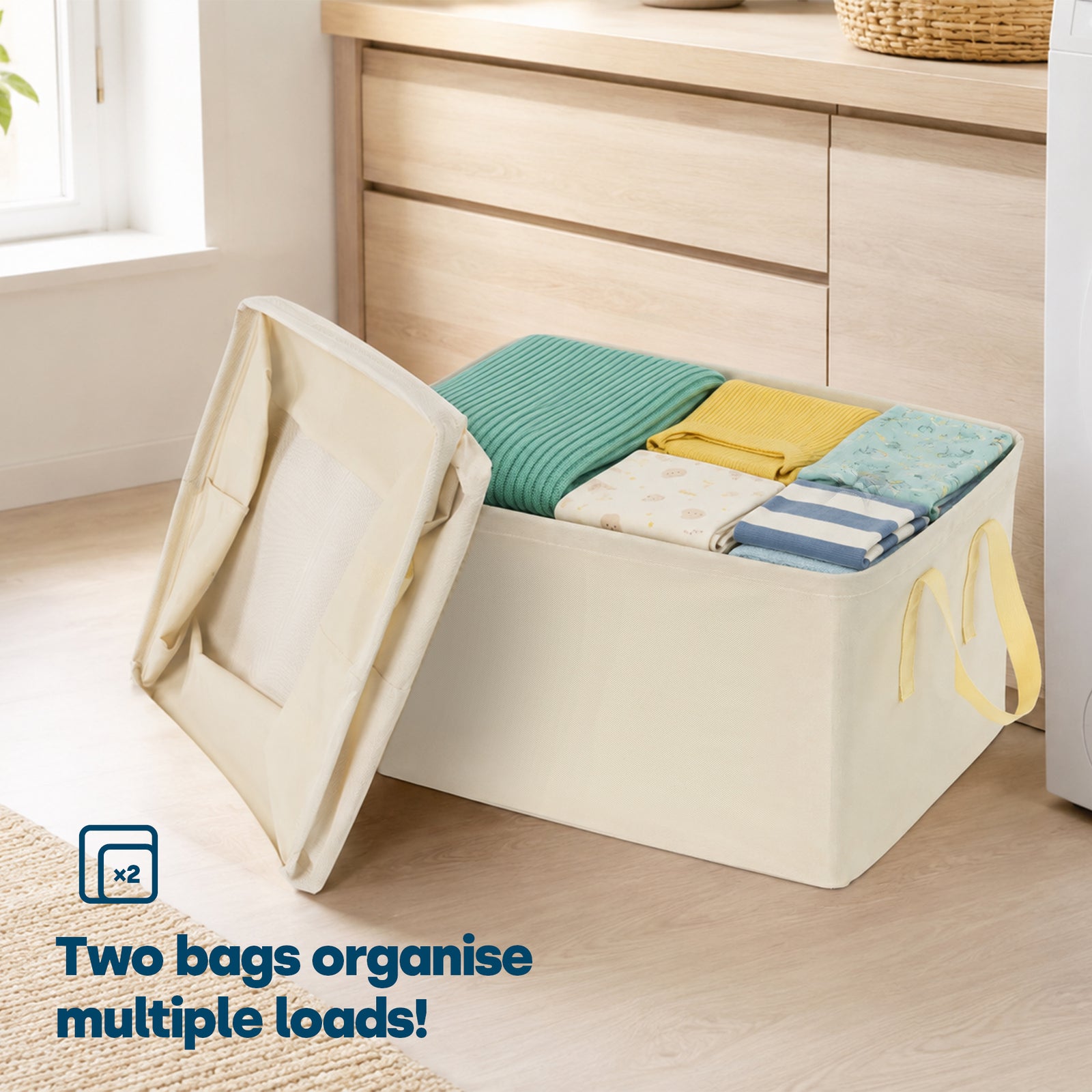 Collapsible Laundry Bags 2 Pack 35l Fabric Storage Baskets With Handles | Beige