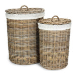 Round Rattan Laundry Hamper Basket With White Lining | Set-of-2 | Brown