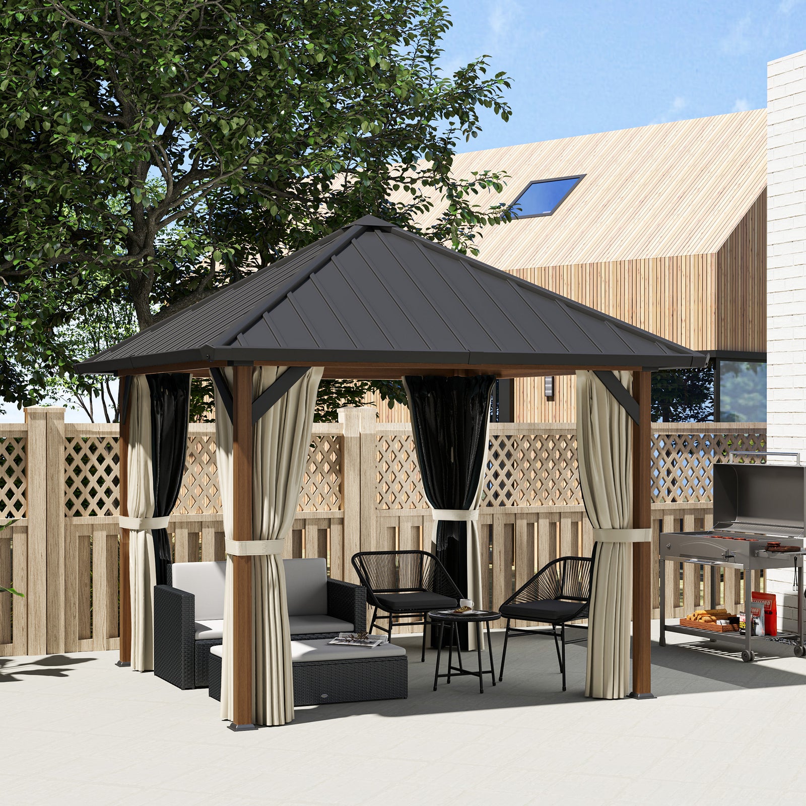 3 X 3(m) Metal Hardtop Gazebo With Netting And Curtains | Brown
