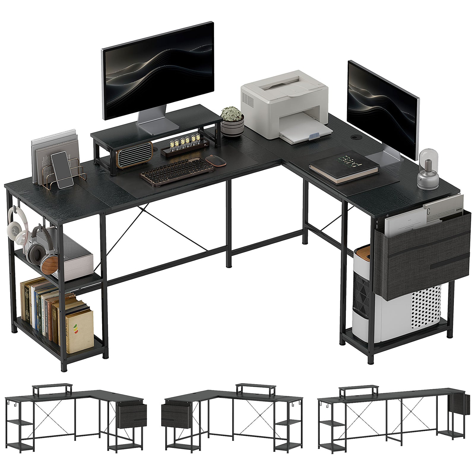 168cm Reversible L Shaped Desk, 240cm Two Person Desk | One Size | Black