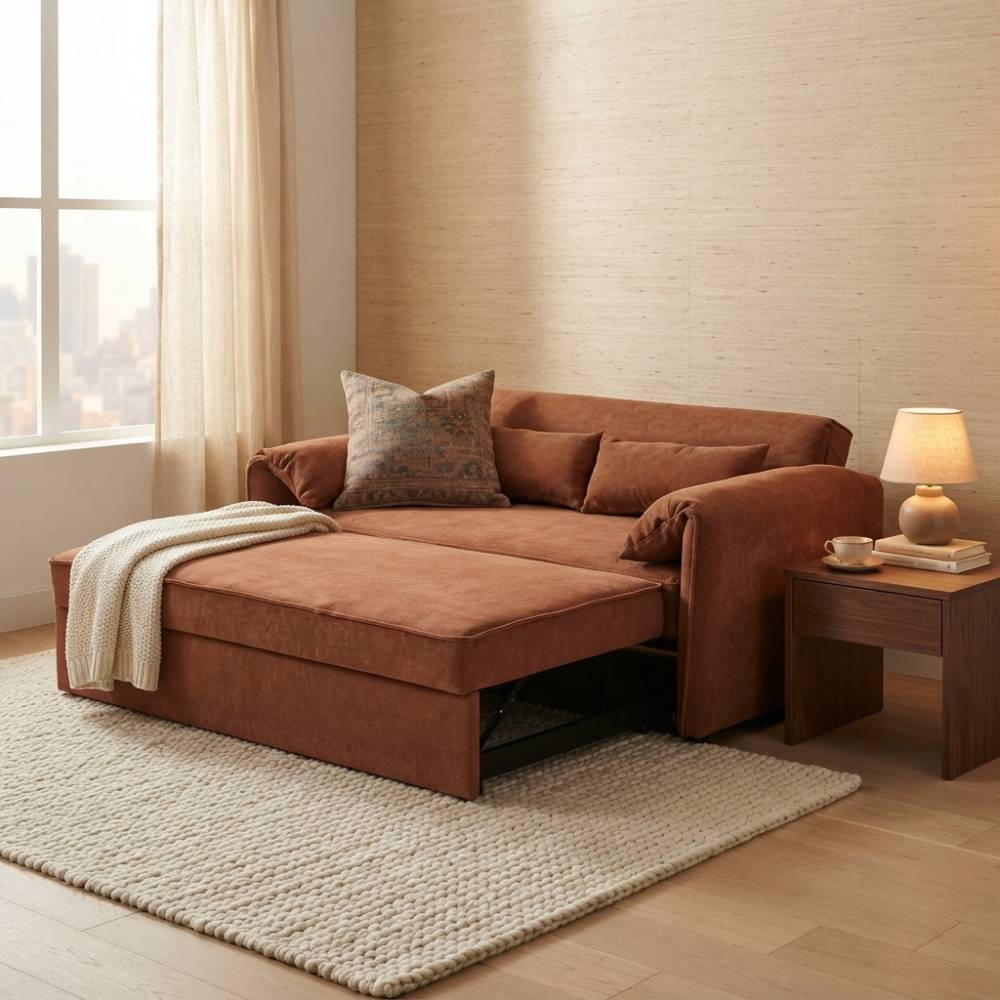 Fabric Sofa Bed With Adjustable Backrest And Easy Pull-out Mechanism | Caramel