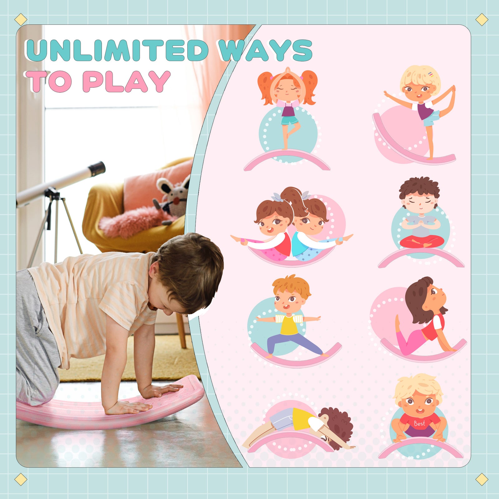 Zonekiz Balance Board, Kids Wobble Board, Montessori Toy For 3-6 Years | Pink