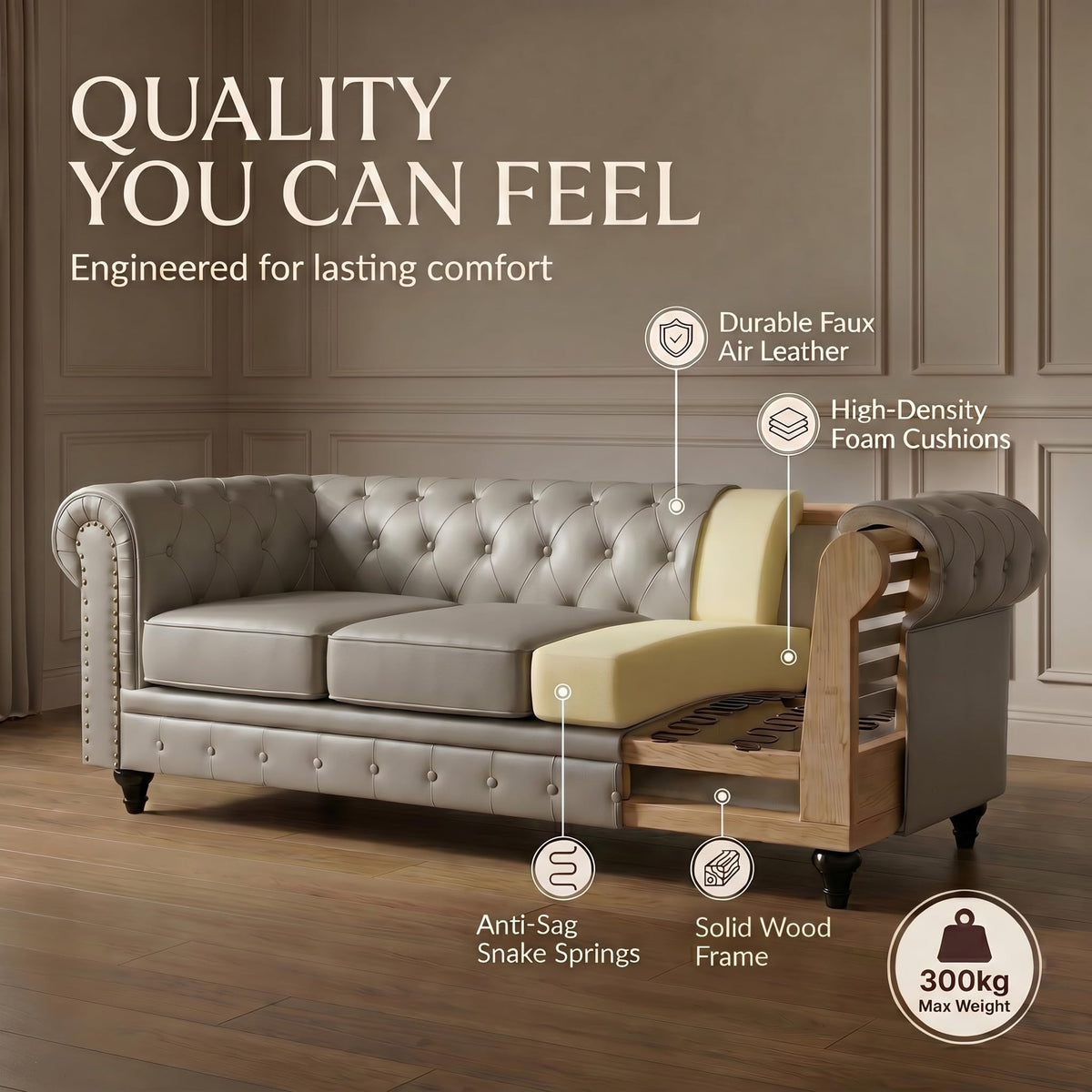 Chesterfield Scroll Arm Faux Leather Sofa 3 Seater | Grey