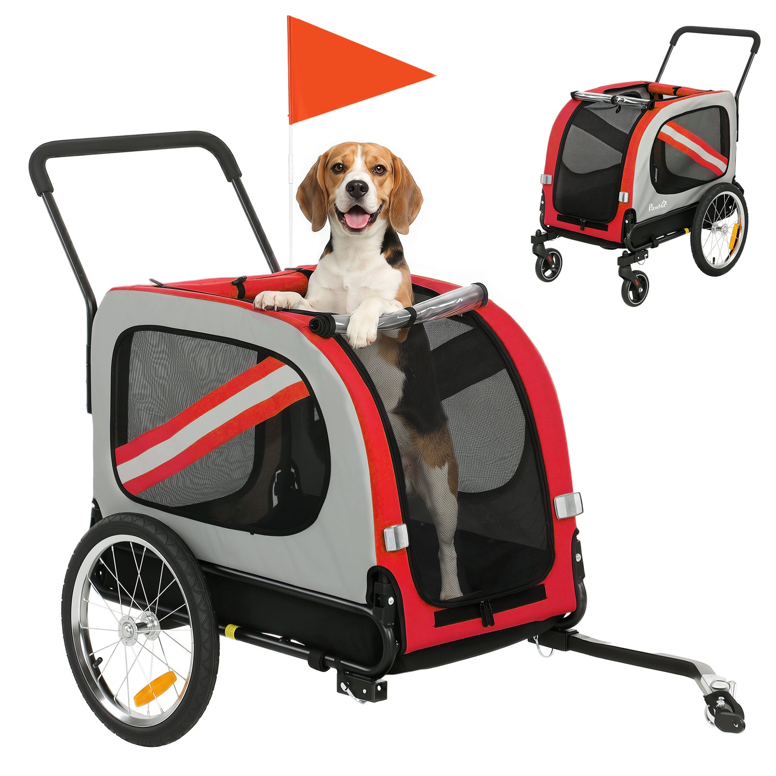 2-in-1 Dog Bike Trailer Stroller With Reflector Flag | Red