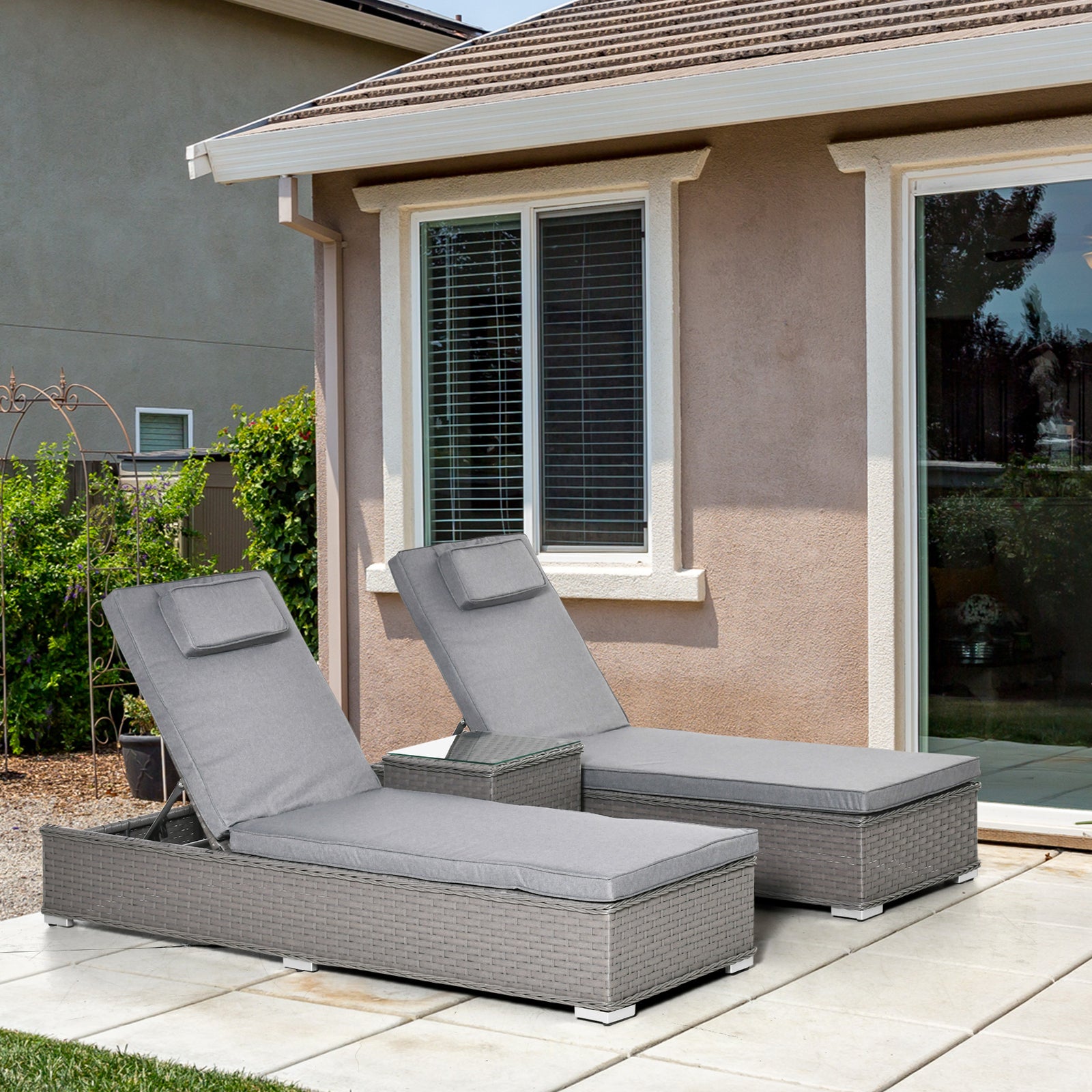 3pc Rattan Sun Lounger Set W/ Side Table - Grey