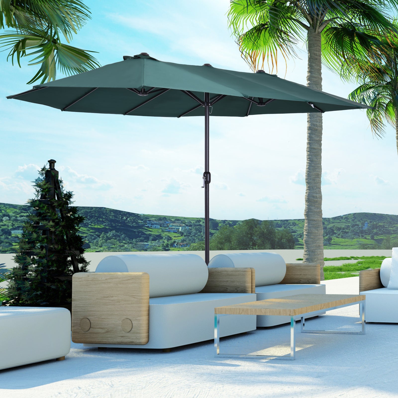 4.6m Double-sided Sun Umbrella W/ Base | Dark Green
