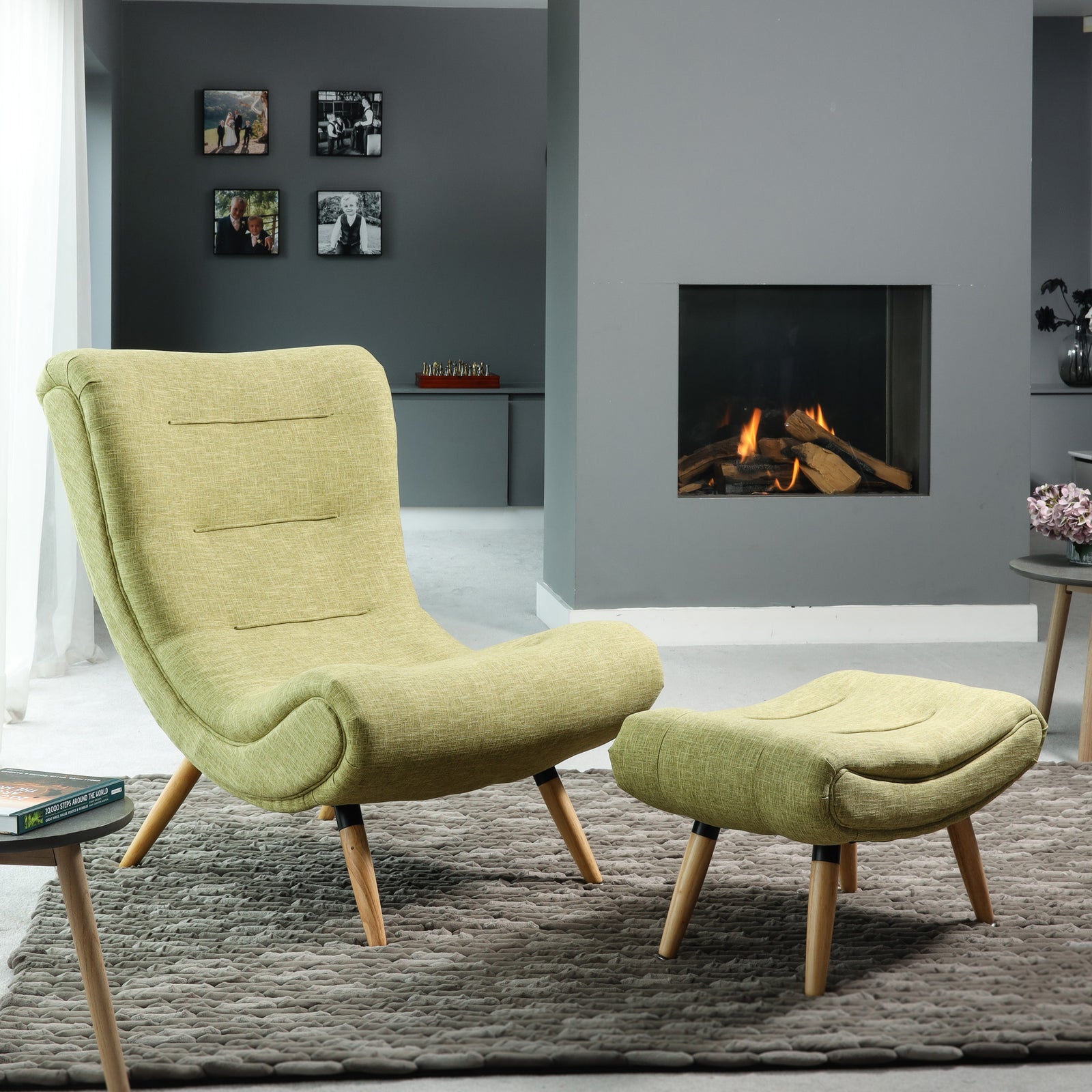 Madelia Textured Fabric Accent Chair And Stool And Footstool | Green