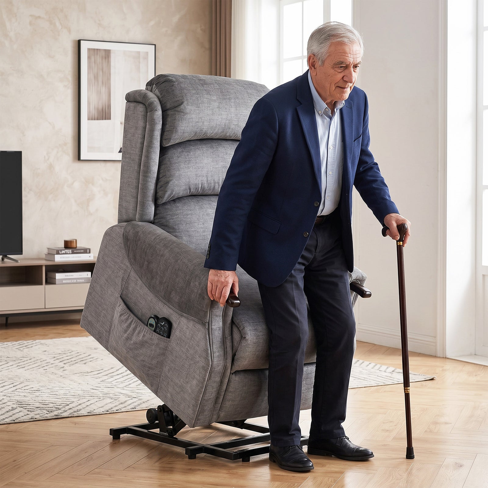 Power Lift Recliner Chair With Vibration And Heat, Wood Grip | Light Grey