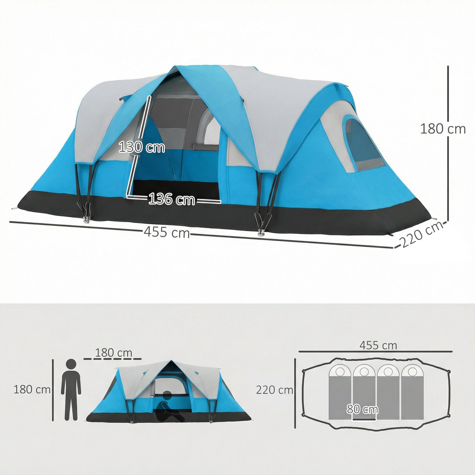 5-6 Man Camping Tent, Water Resistant Hiking Shelter | Light Blue