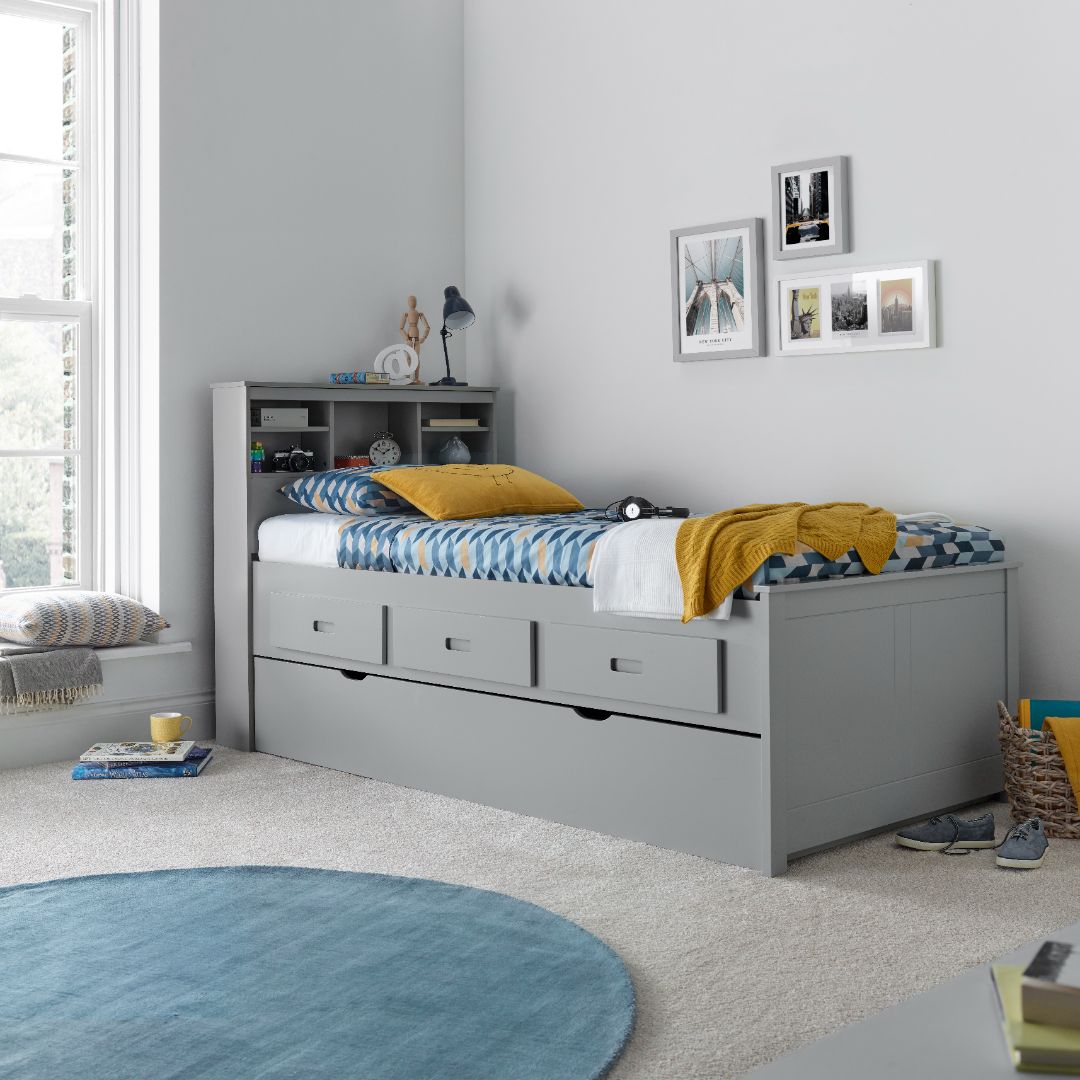 Veera Guest Bed With Drawers And Trundle With Memory Foam Mattresses | Single | Grey