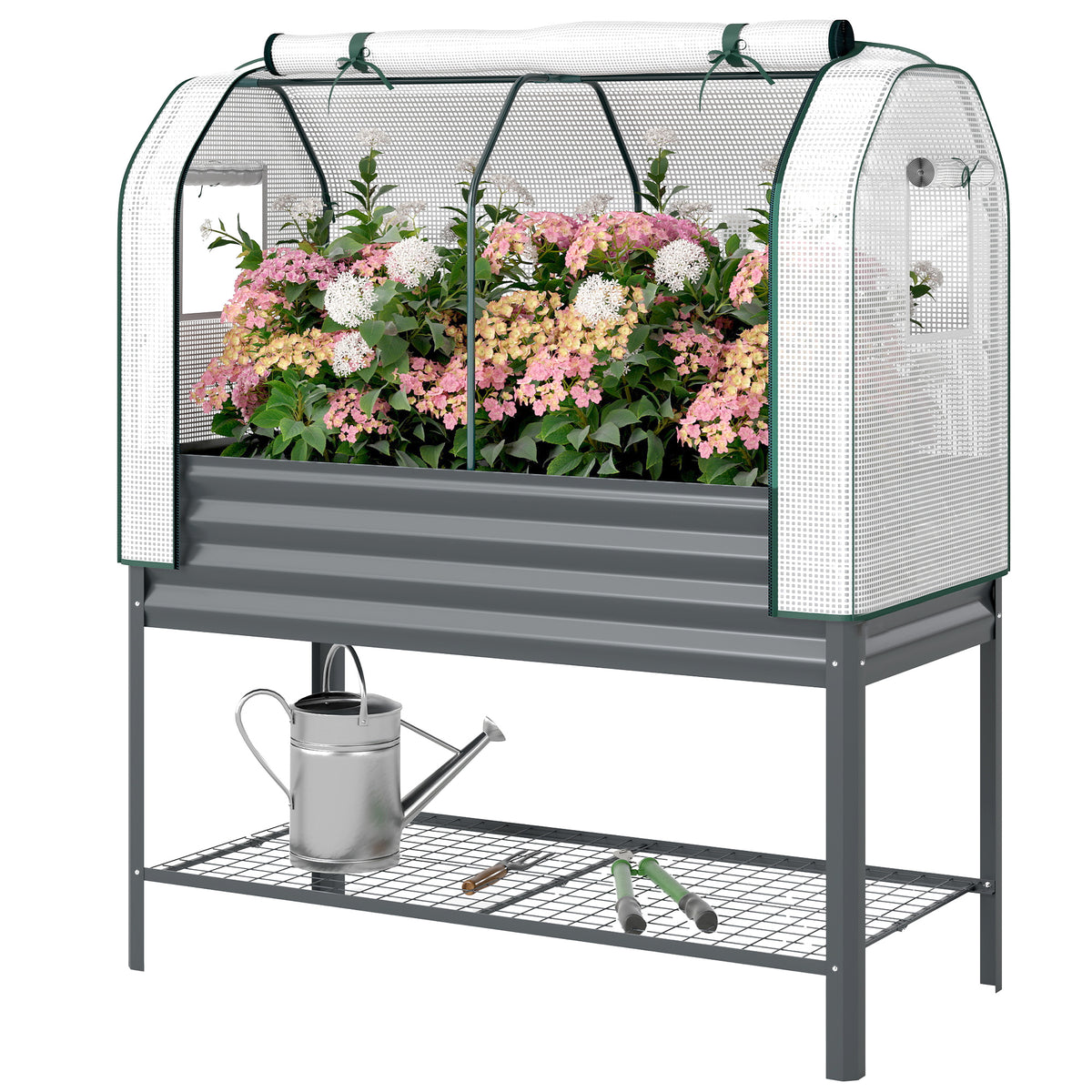 Outsunny Galvanised Raised Planter With Greenhouse Cover And Bottom Shelf