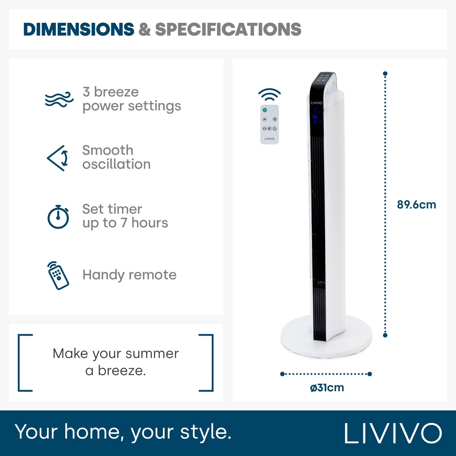 Livivo 35" Tower Fan - White