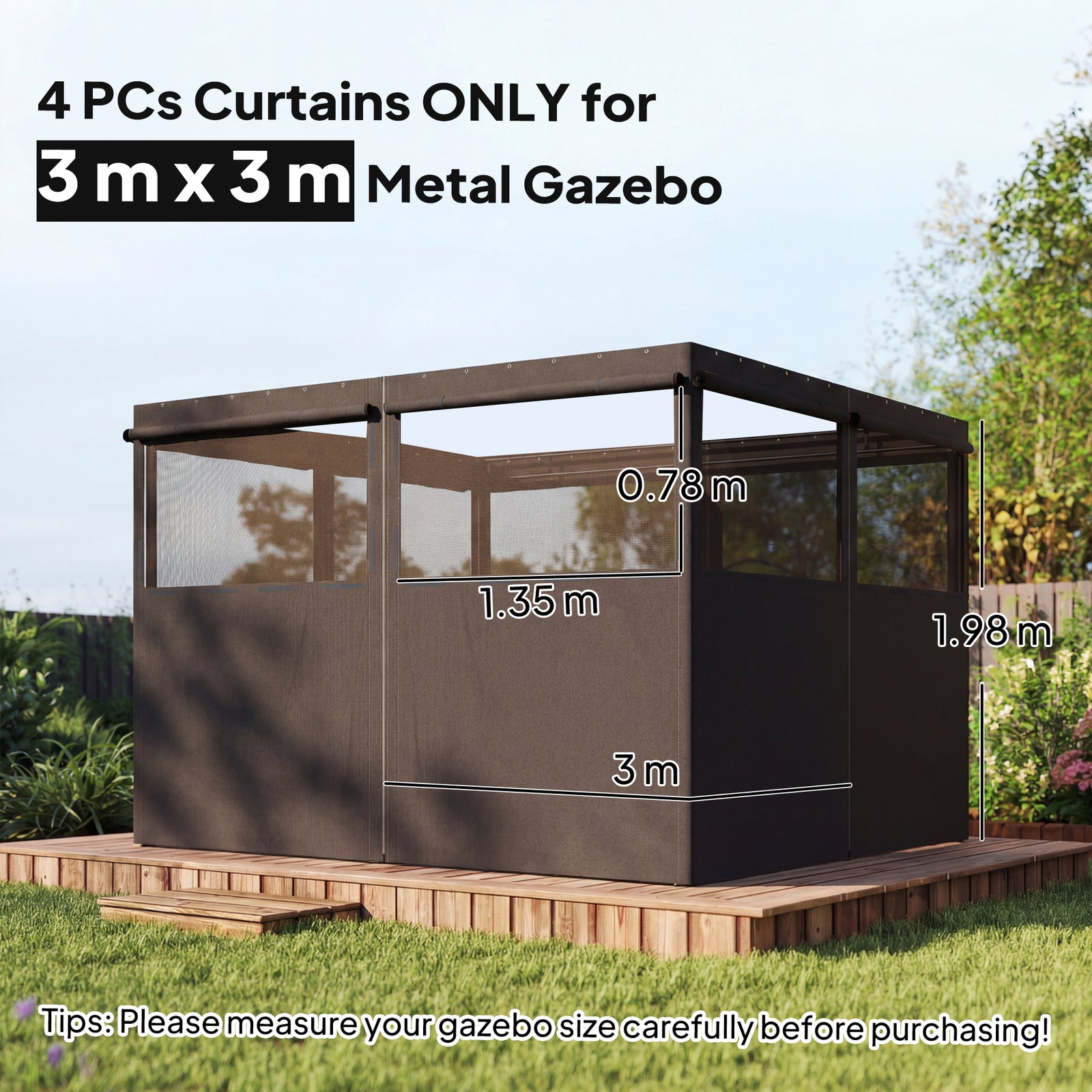 3 X 3 M Gazebo Replacement Curtains Privacy Panel Set, 4 Panels | Dark Grey