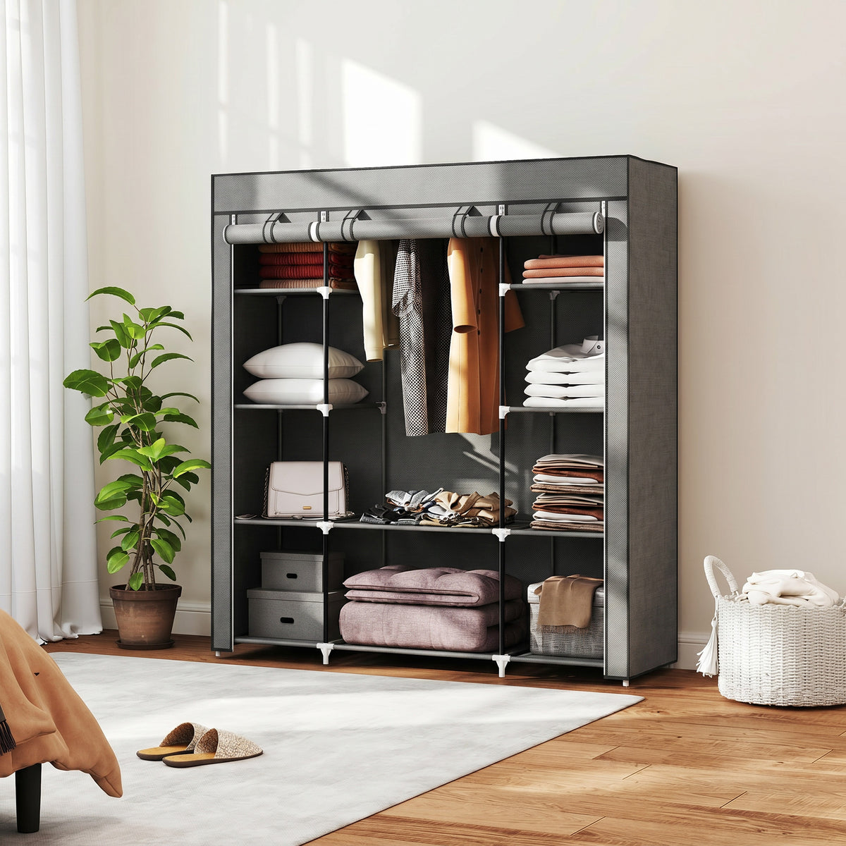 HOMCOM Fabric Wardrobe With 10 Shelves, Foldable Closet