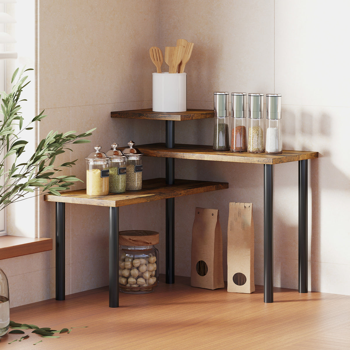 HOMCOM 3-tier Kitchen Countertop Organizer For Spice Rack,rustic Brown