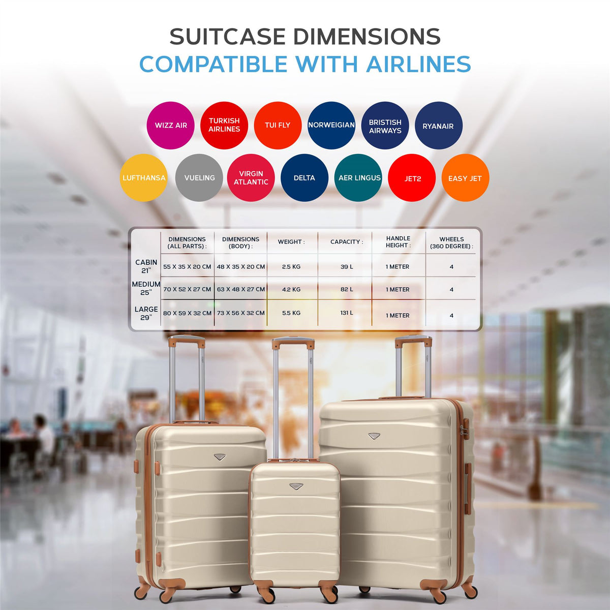 Set Of 3 Hard Shell Suitcase Cabin & Check In Cases With Tsa Lock - Overhead Cabin With Medium & Large Check-in Bag | Set of 3 | Cream