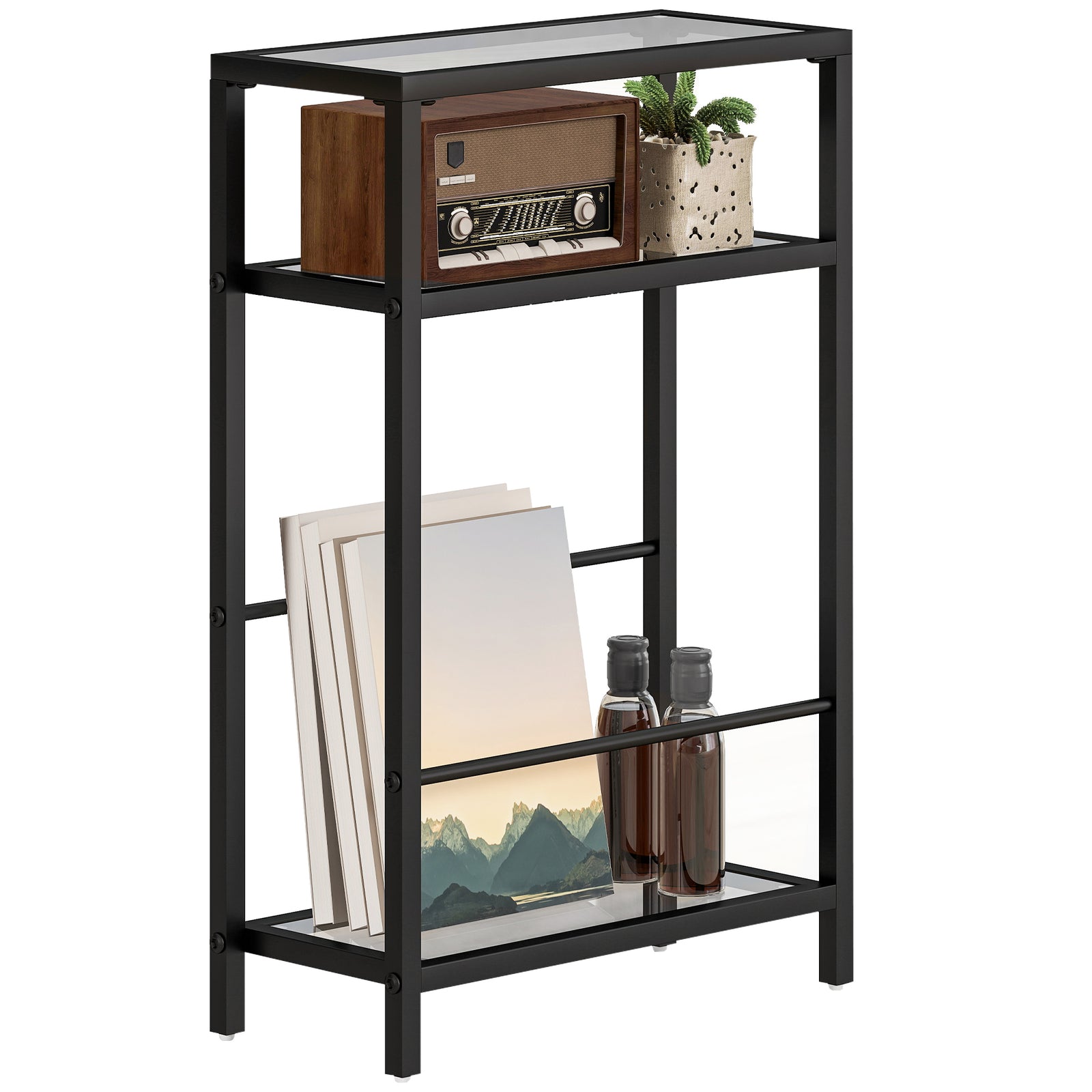 Slim Side Table, End Table With Tempered Glass Tabletop | Black