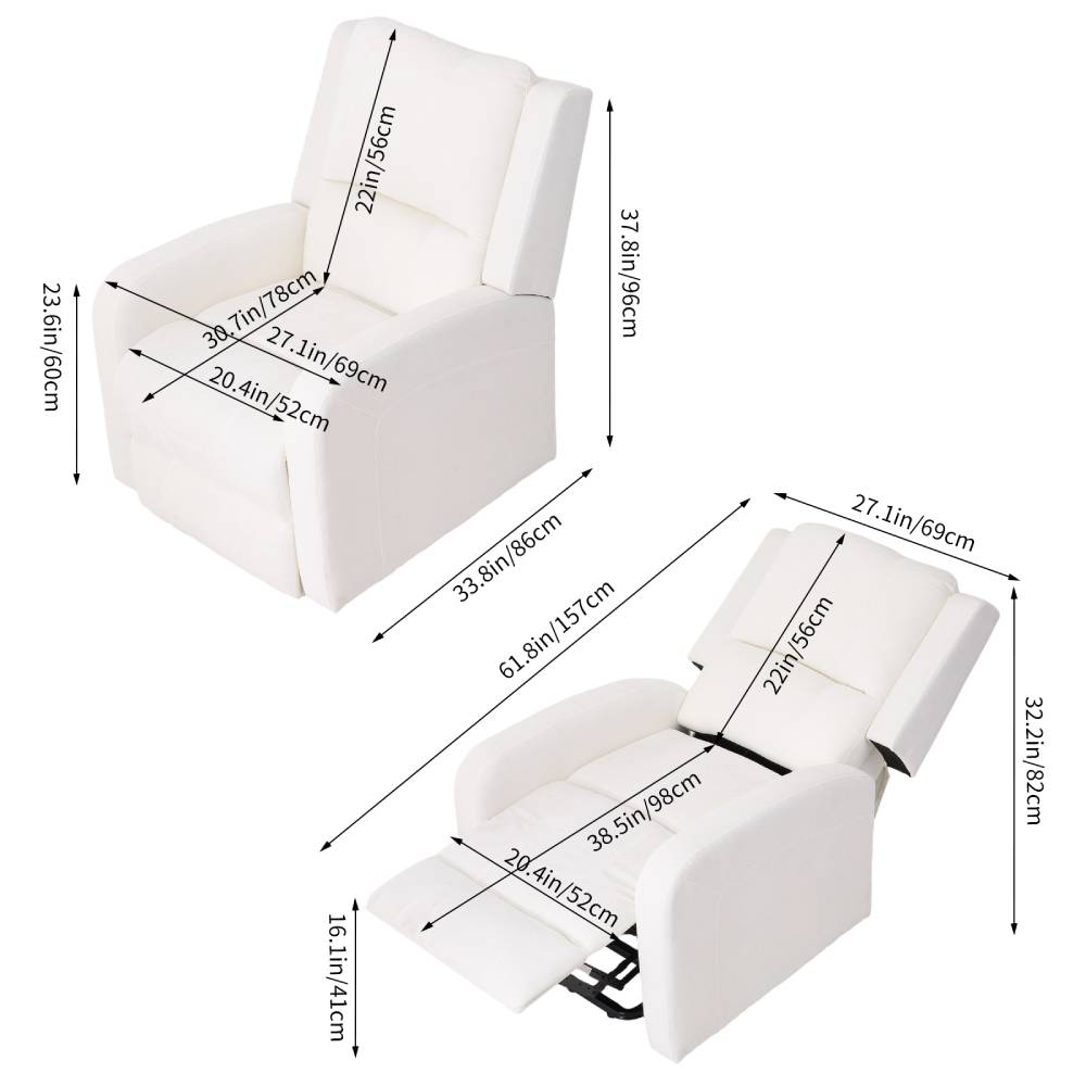 Chenille Massage Recliner Chair With Heat – Push-back Single Sofa, 8-point Vibration, 5 Modes & Timer, White Beige