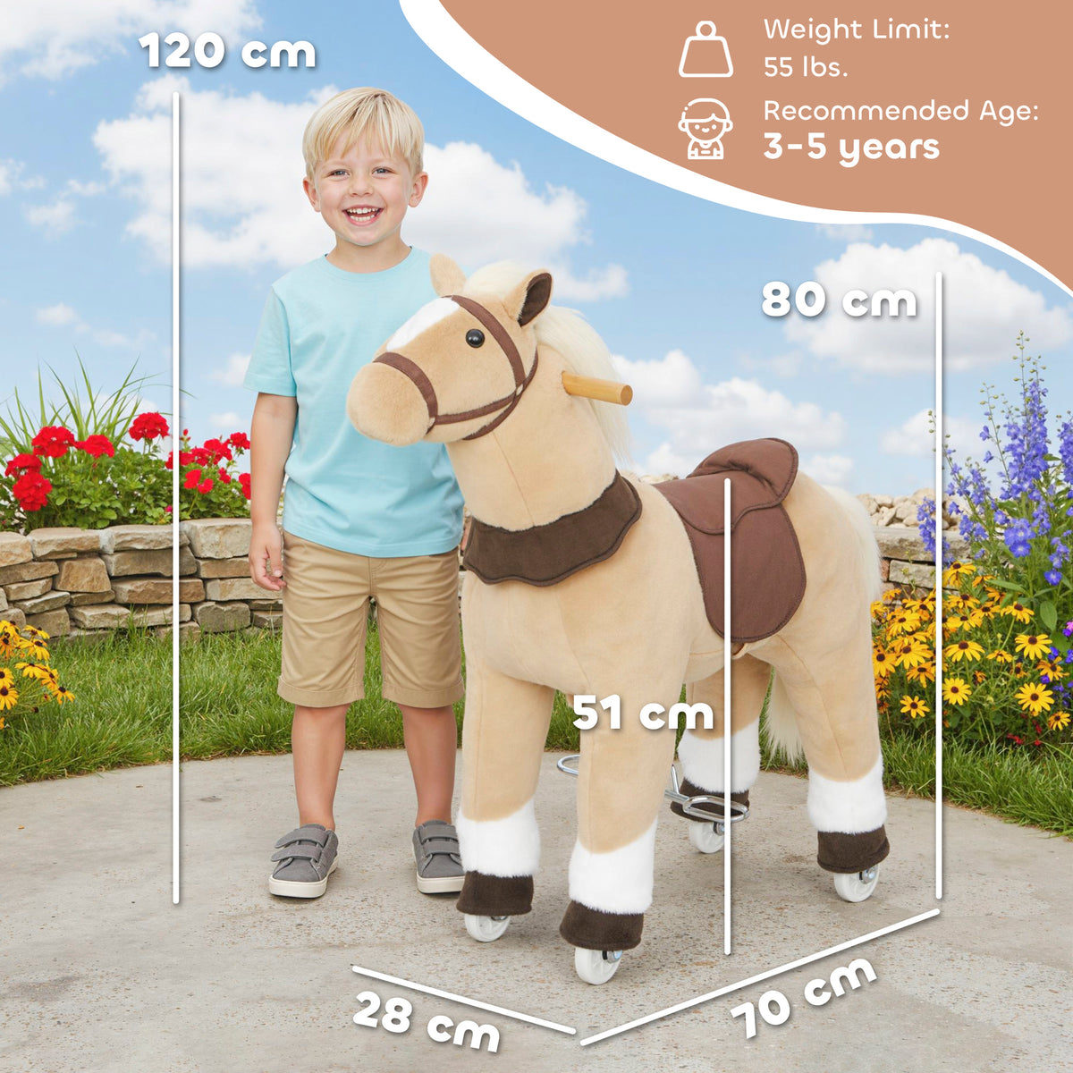 AIYAPLAY Plush Rocking Horse With Rolling Wheels For 3-5 Years, Brown