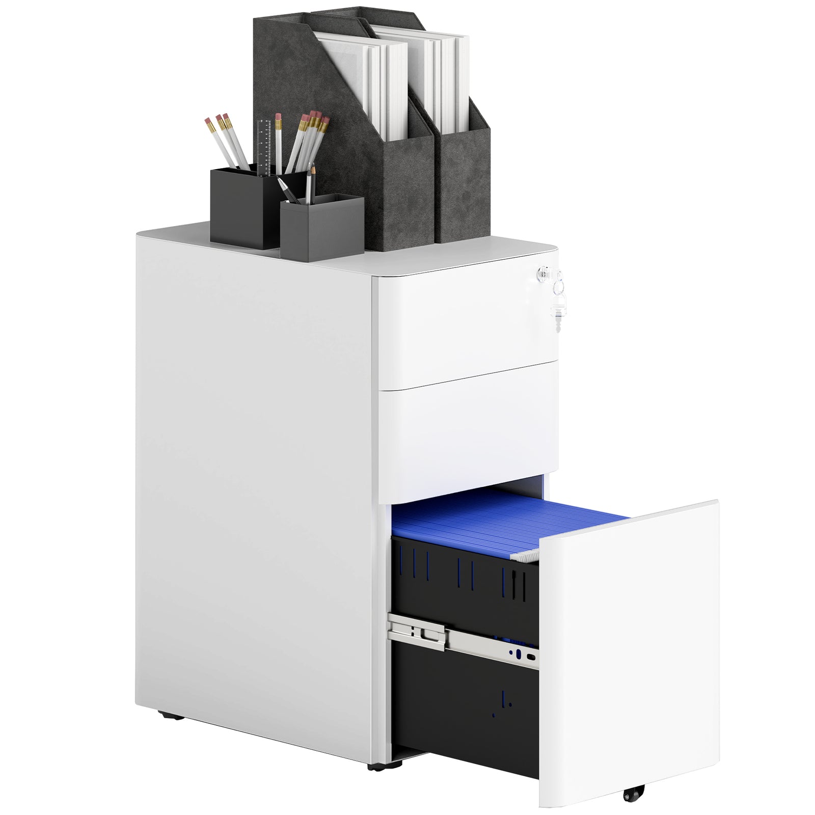 Steel Filing Cabinet With Lock And Wheels For Home Office | One Size | White