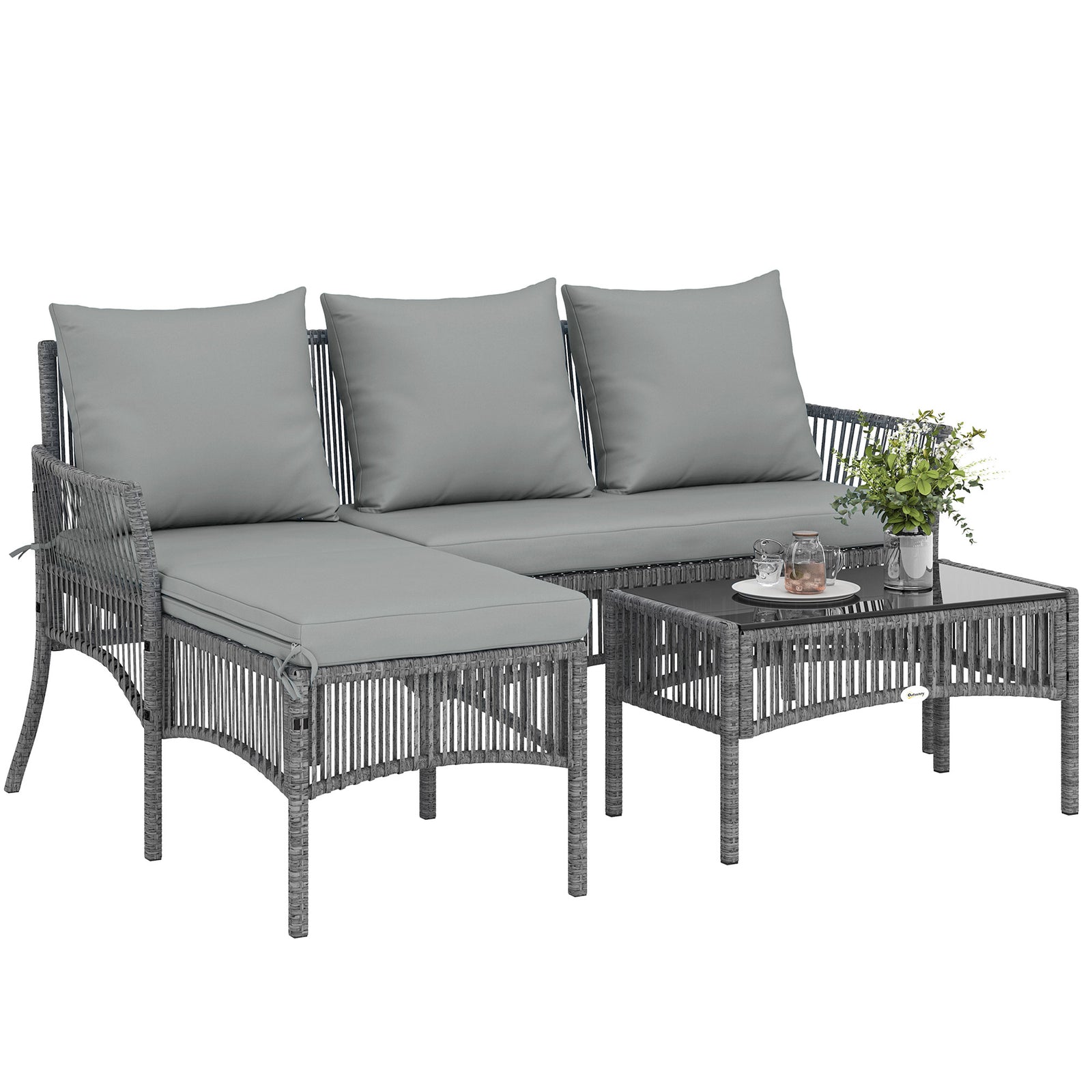 3 Piece Rattan Garden Furniture Set With Cushions | Dark Grey